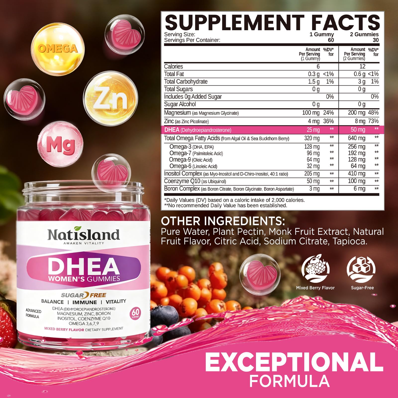 NATISLAND DHEA 50mg gummies side view showing dosage