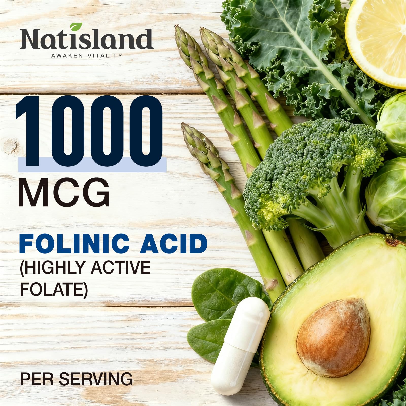 NATISLAND Folinic Acid Capsules with a plant background