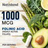 NATISLAND Folinic Acid Capsules with a plant background