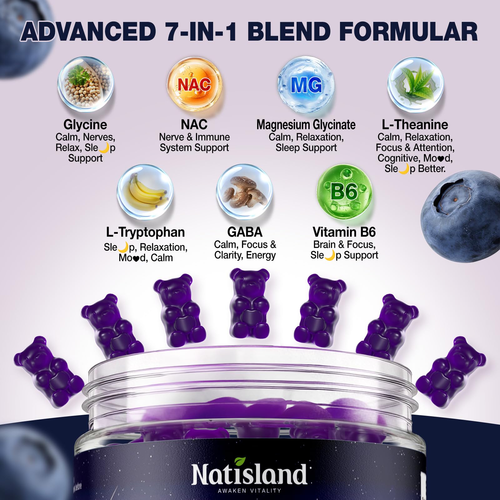 NATISLAND Glycine Chewable Gummies with a hand holding a gummy