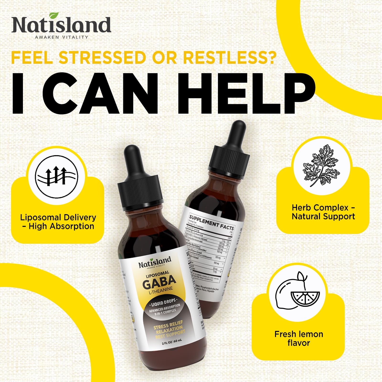 NATISLAND Liposomal GABA L-Theanine Liquid Drops in a glass of water