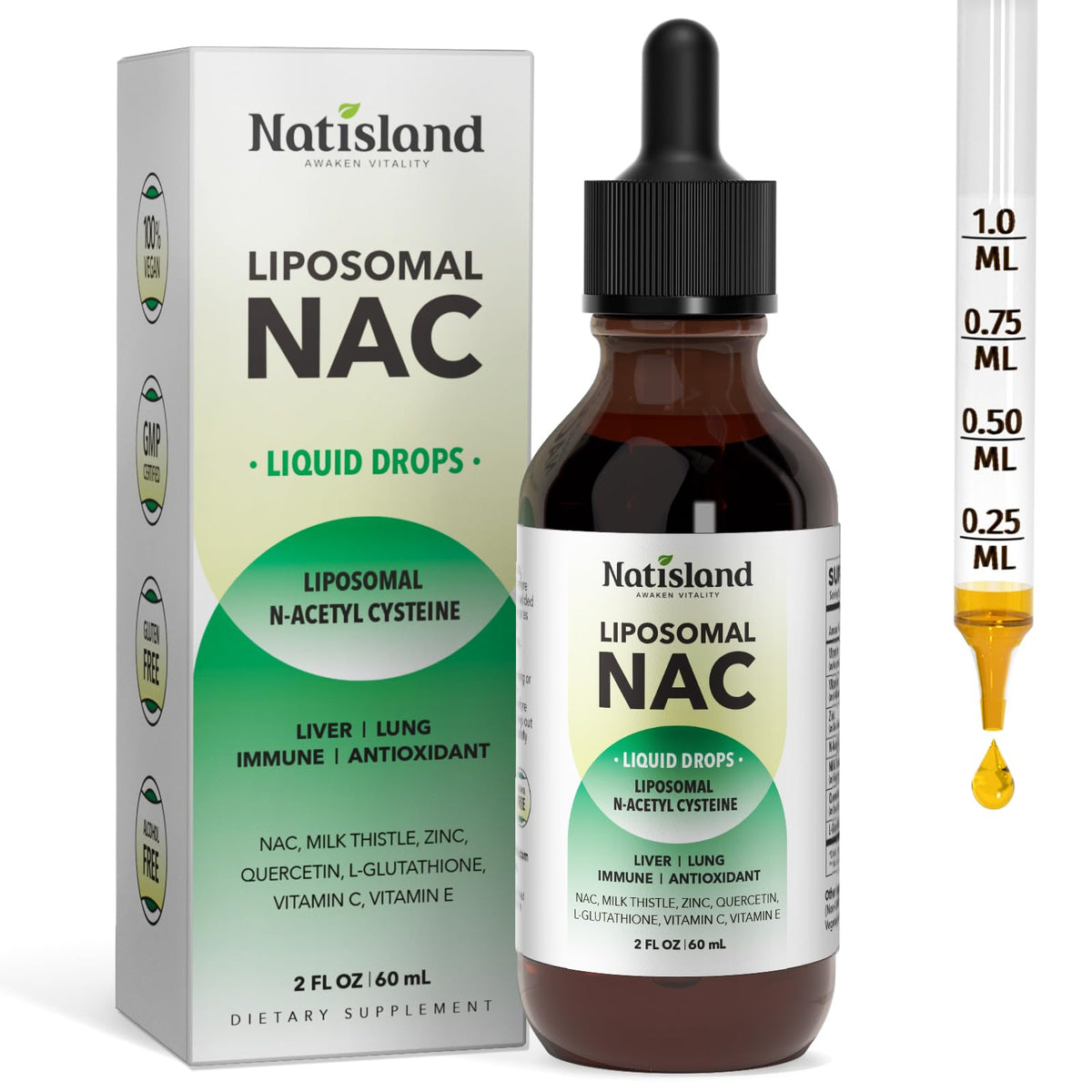 NATISLAND Liposomal NAC Plus Liquid Drops front view with lemon flavour