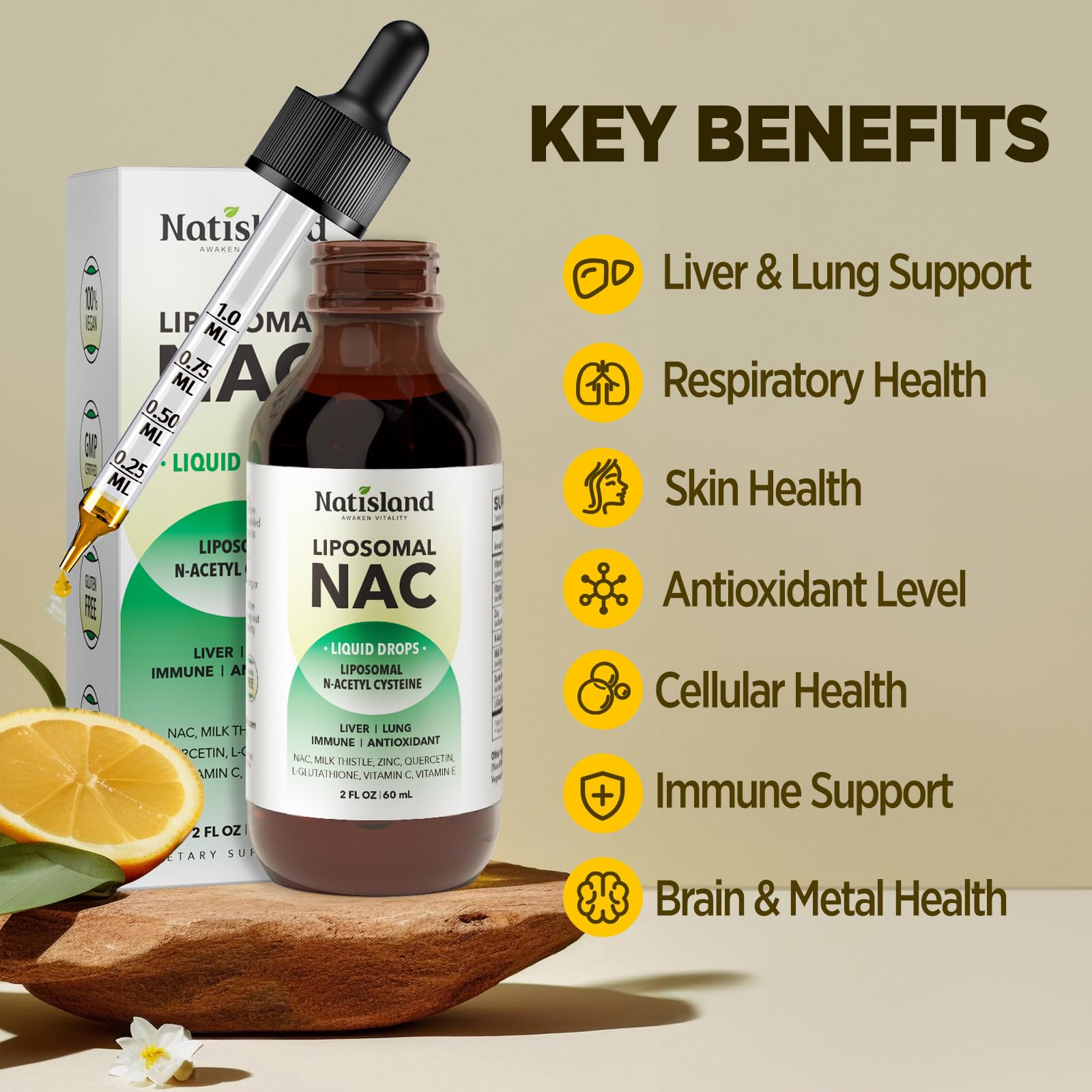 NATISLAND Liposomal NAC Plus Liquid Drops packaging side view
