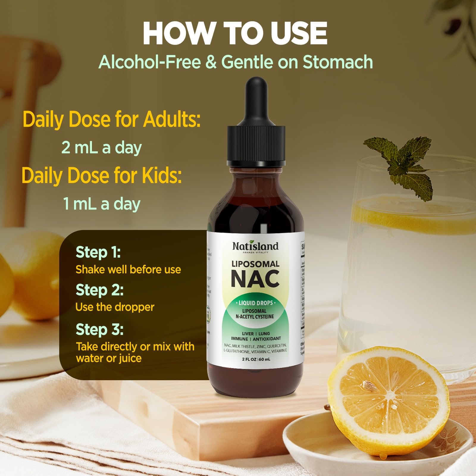 NATISLAND Liposomal NAC Plus Liquid Drops with glass of water