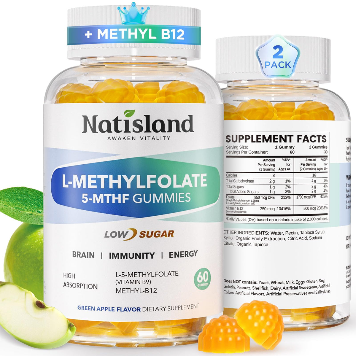 NATISLAND Methylfolate Gummies 60 count green apple flavour front view