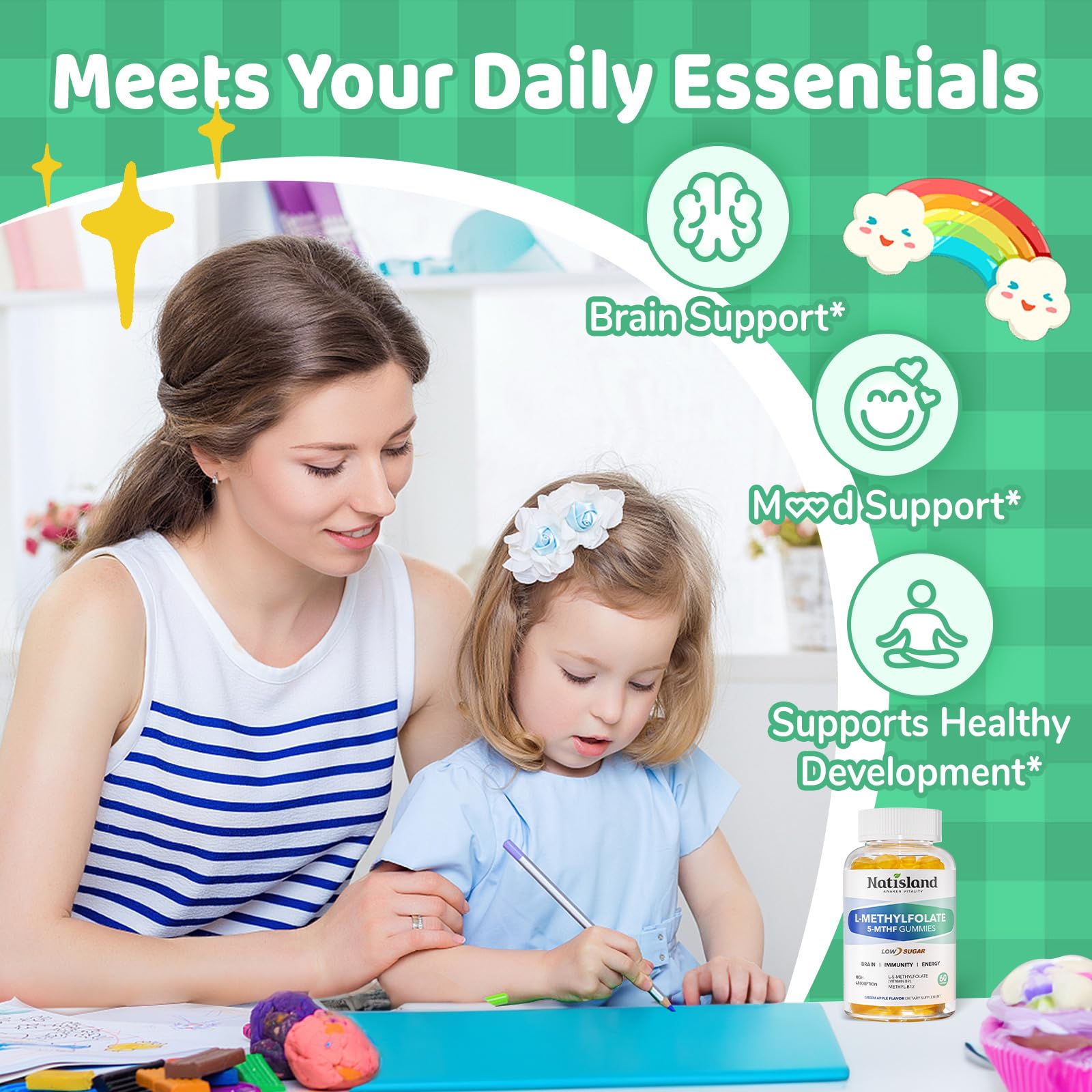 NATISLAND Methylfolate Gummies on a wooden table