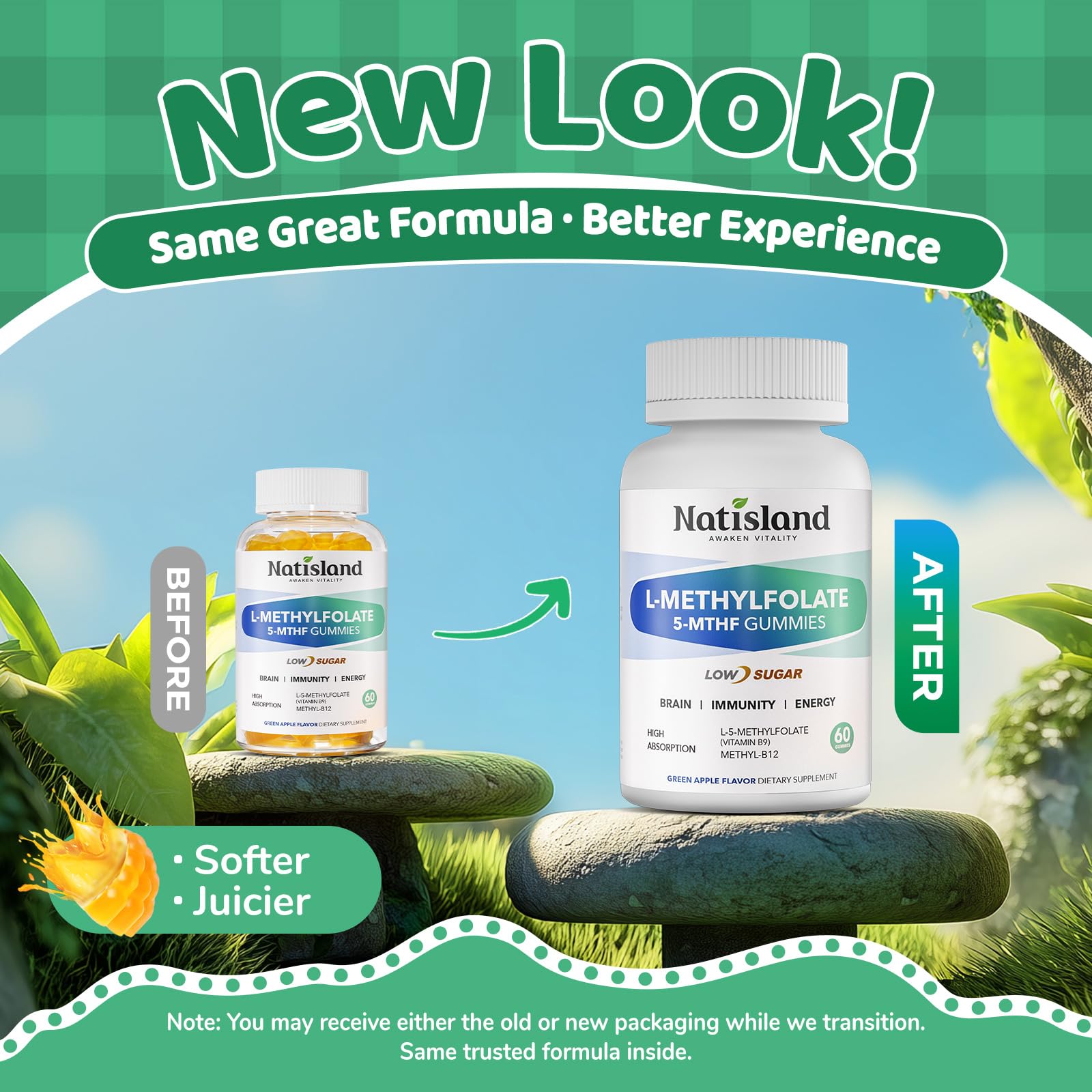 NATISLAND Methylfolate Gummies packaging with green apple flavour