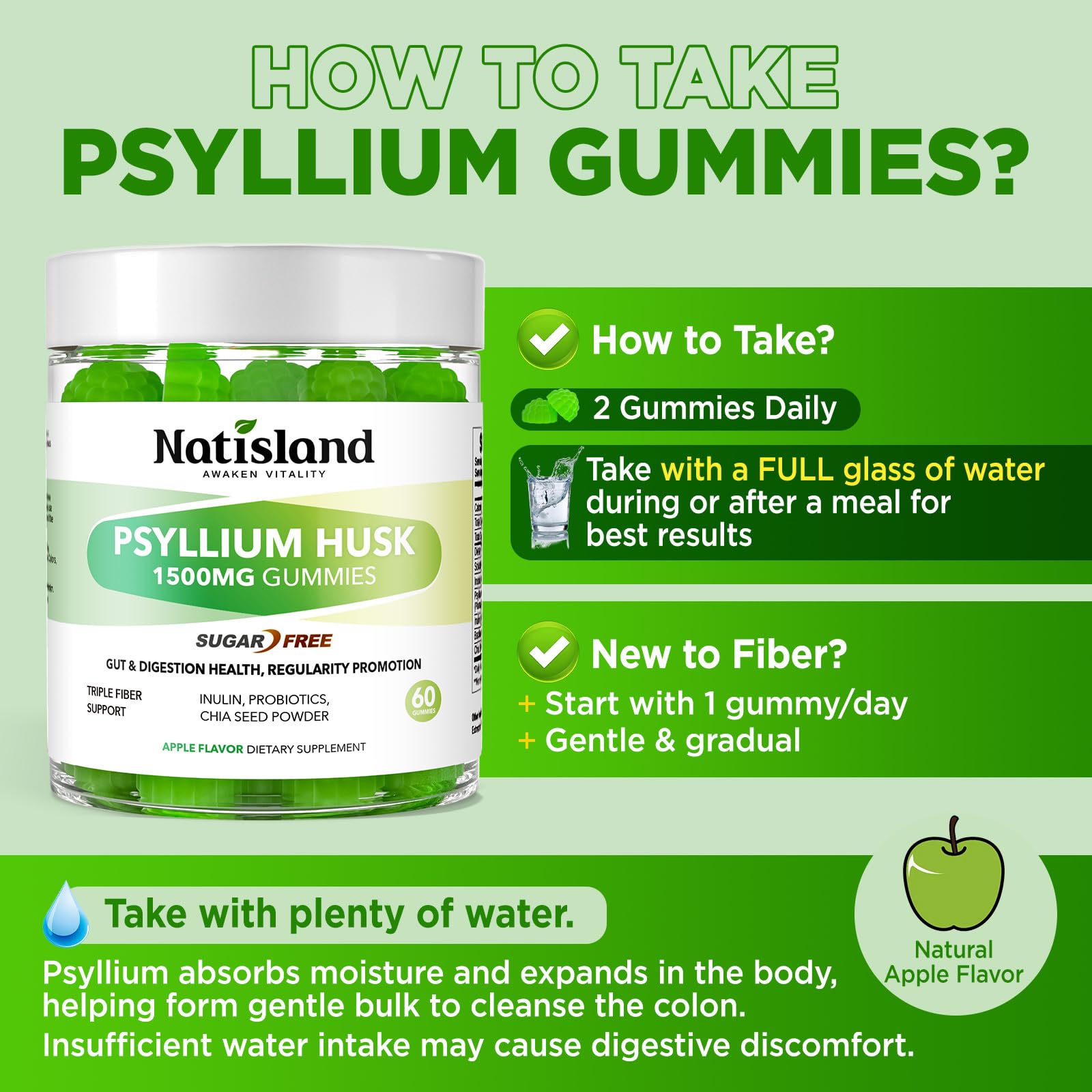 NATISLAND Psyllium Husk Gummies with a glass of water
