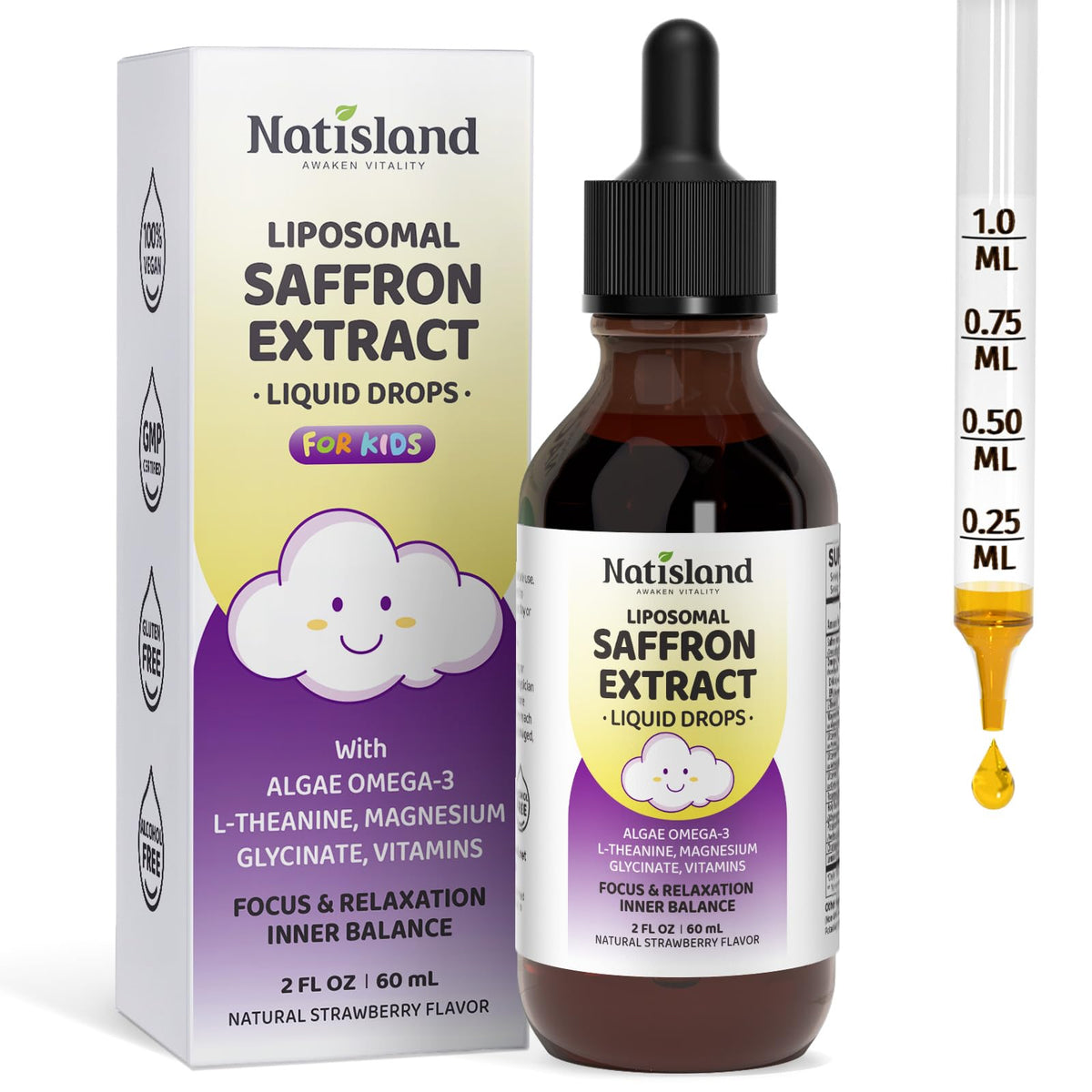 NATISLAND Saffron Drops for Kids front view with packaging