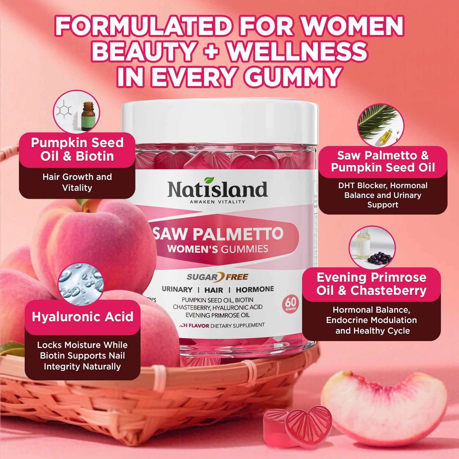NATISLAND Saw Palmetto Gummies close-up of peach-flavoured gummies