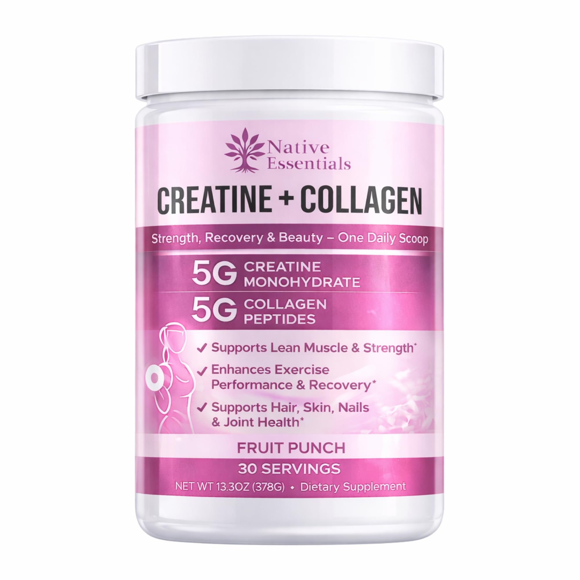 Native Essentials Creatine + Collagen powder front view with packaging