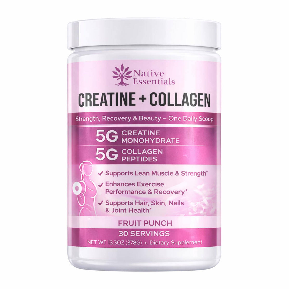 Native Essentials Creatine + Collagen powder front view with packaging