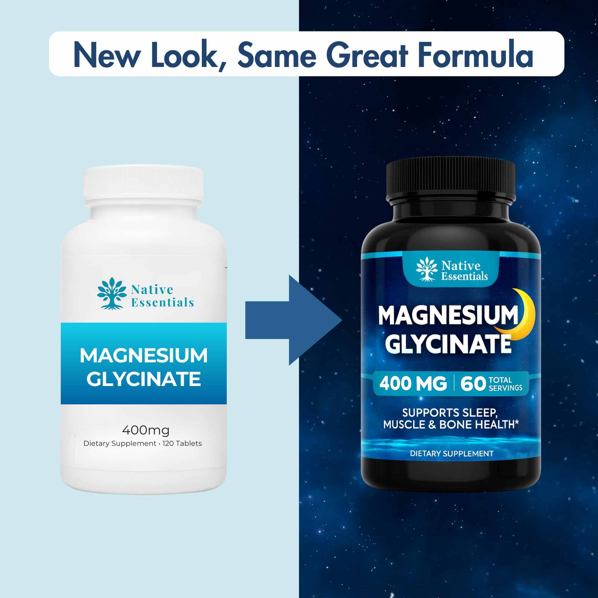 Native Essentials Magnesium Glycinate 400mg supplement on a wooden table