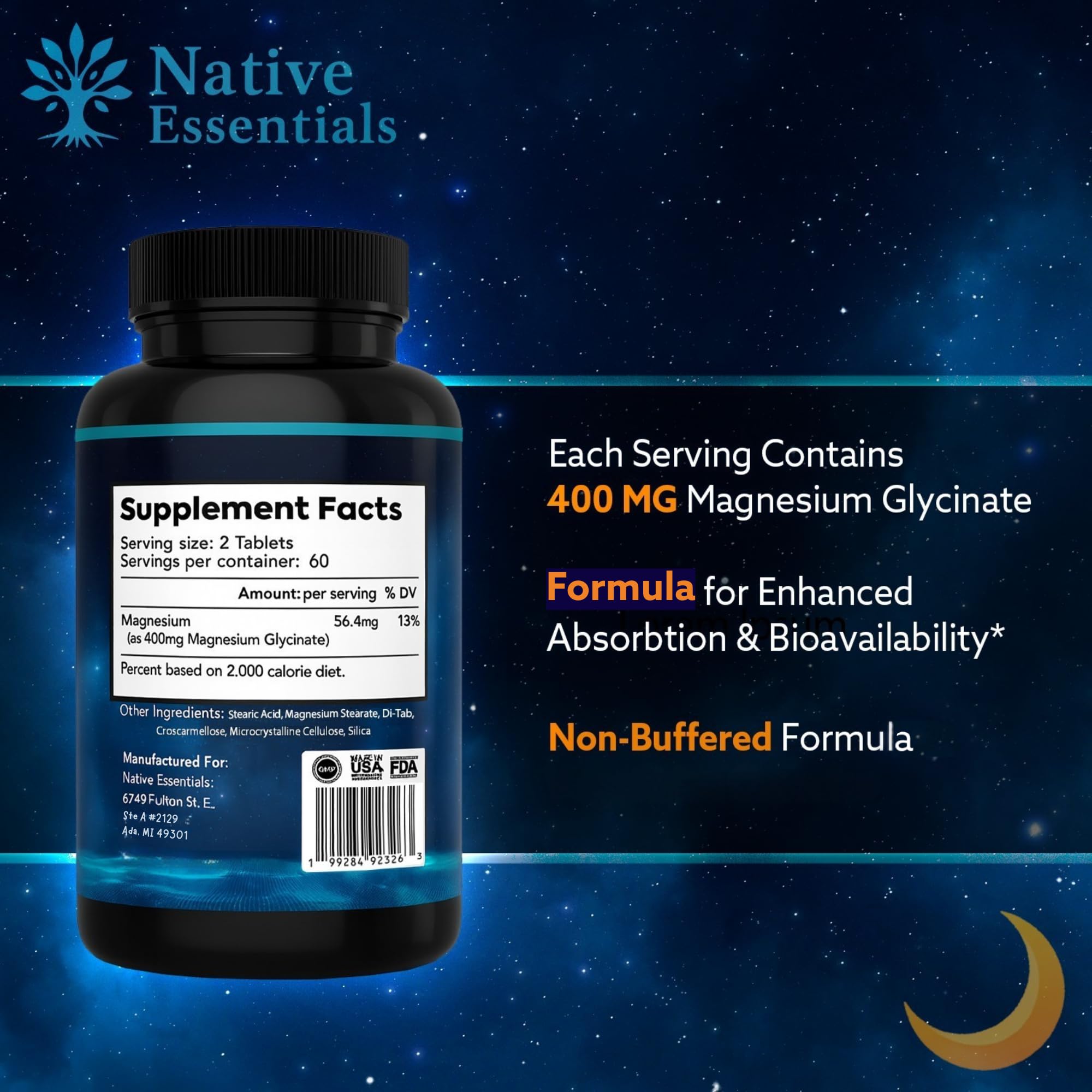 Native Essentials Magnesium Glycinate 400mg supplement packaging