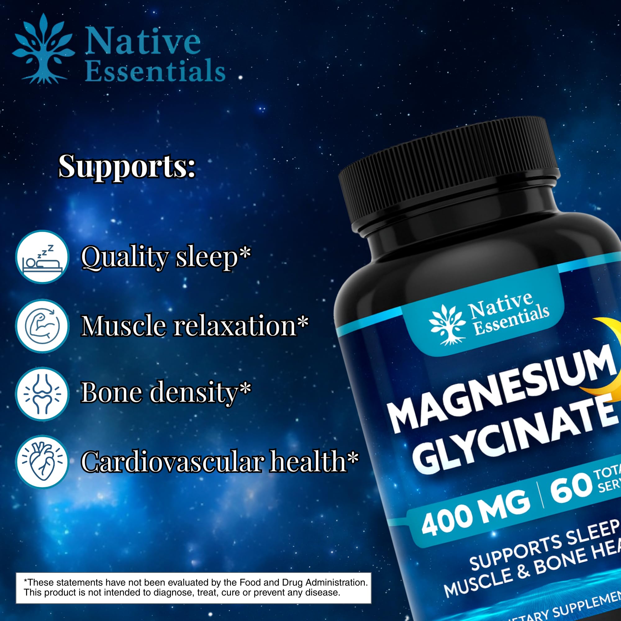Native Essentials Magnesium Glycinate 400mg supplement side view