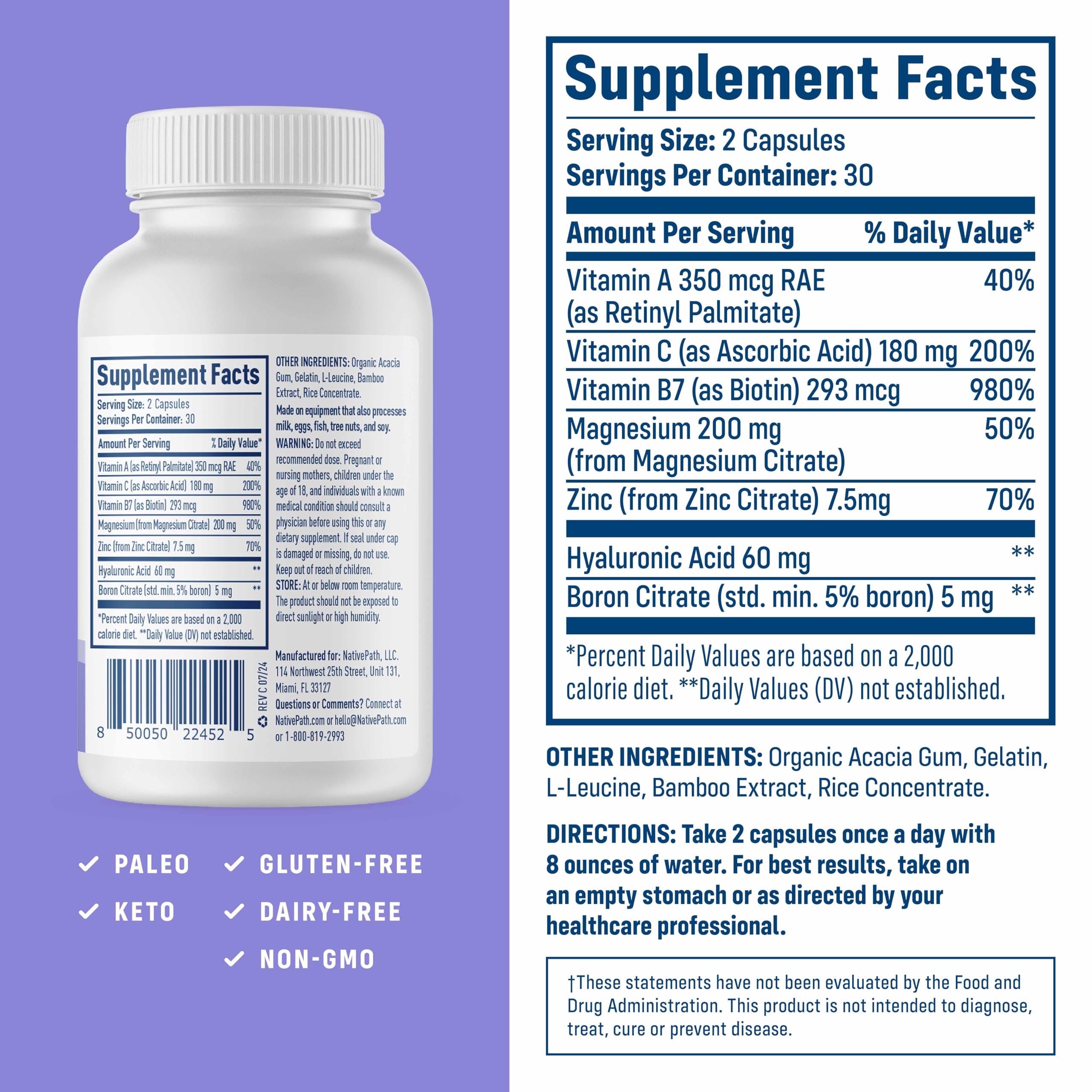 NativePath Collagen Care+ supplement side view with nutritional information