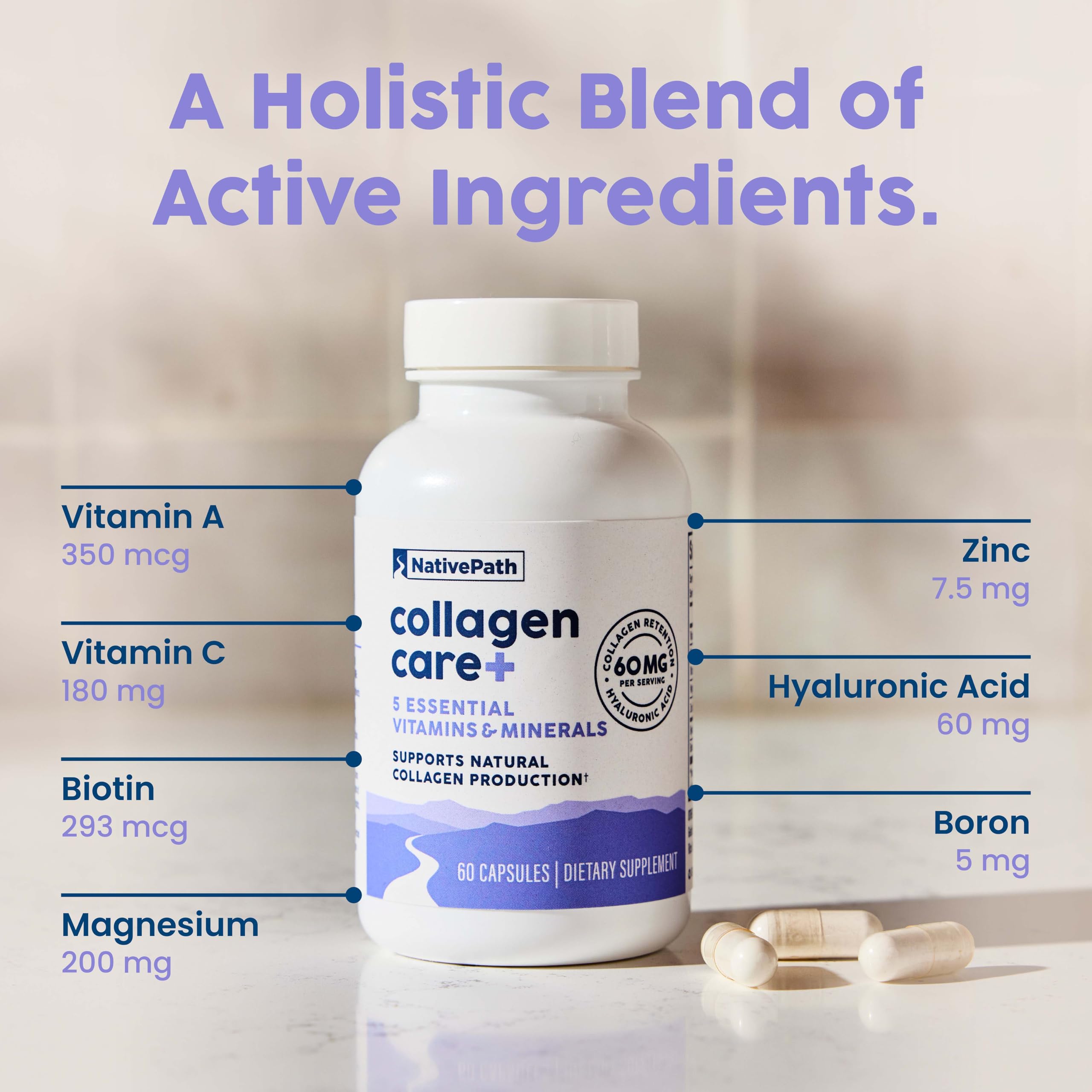 NativePath Collagen Care+ supplement with vitamins and minerals displayed