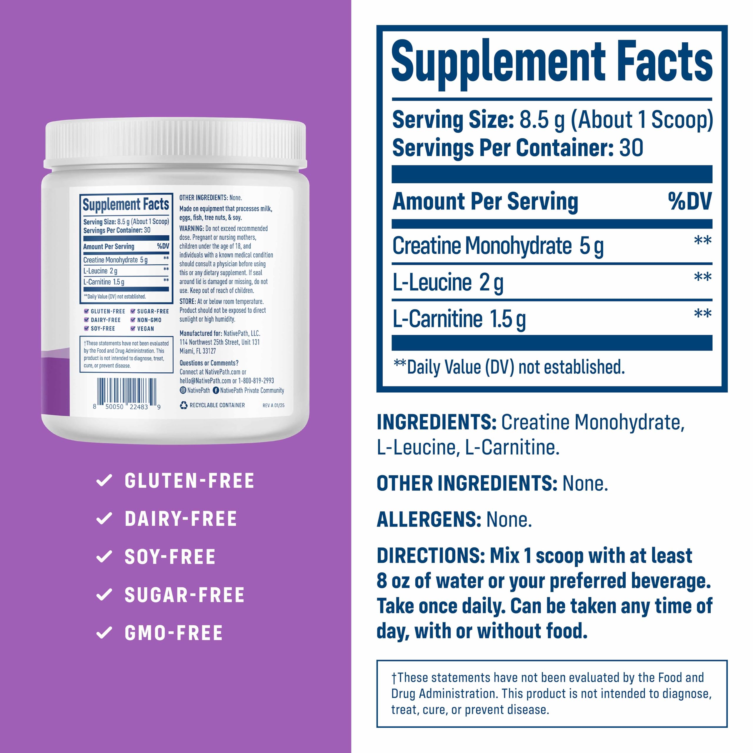 NativePath Creatine Monohydrate 5g 3-IN-1 Formula packaging