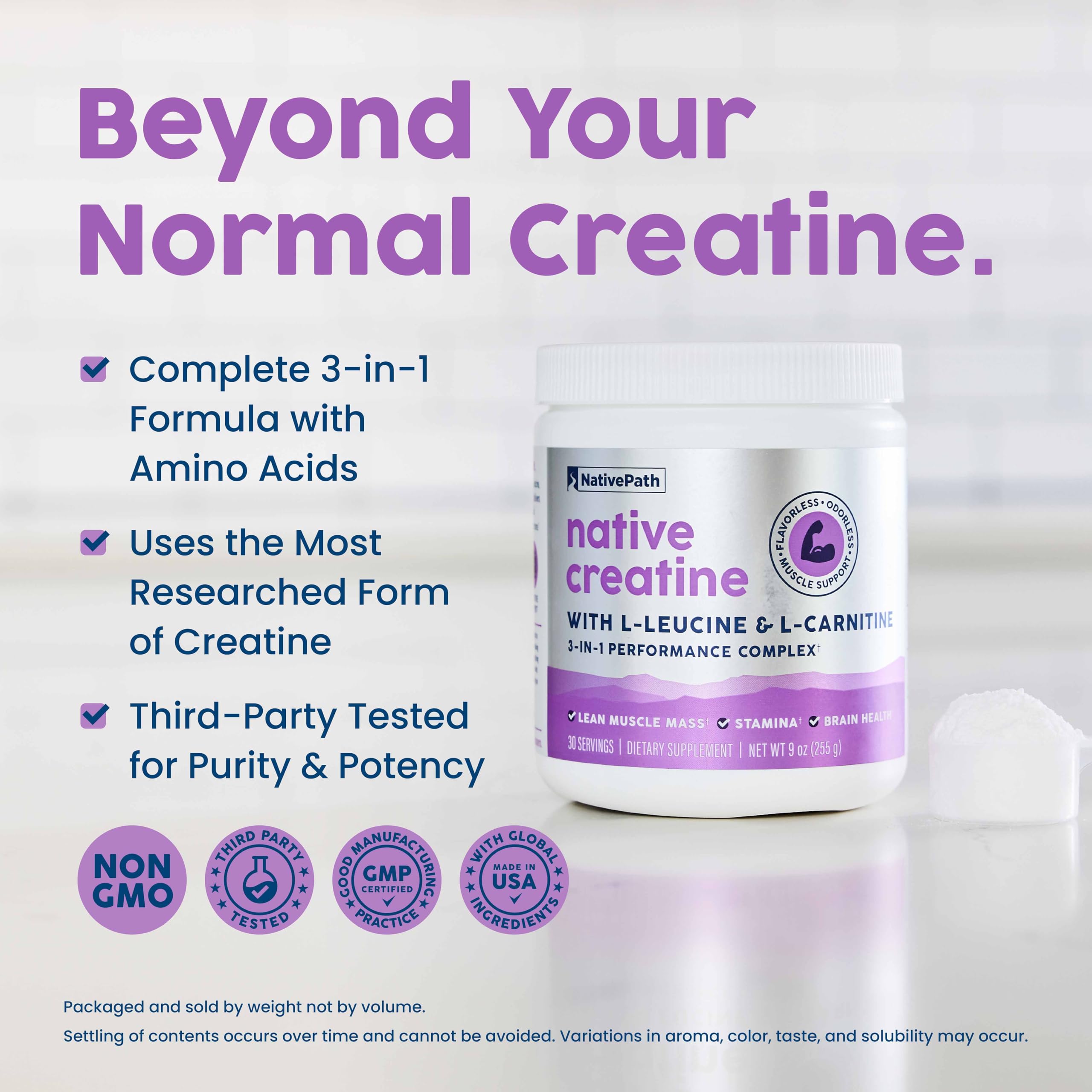 NativePath Creatine Monohydrate 5g 3-IN-1 Formula scoop with powder