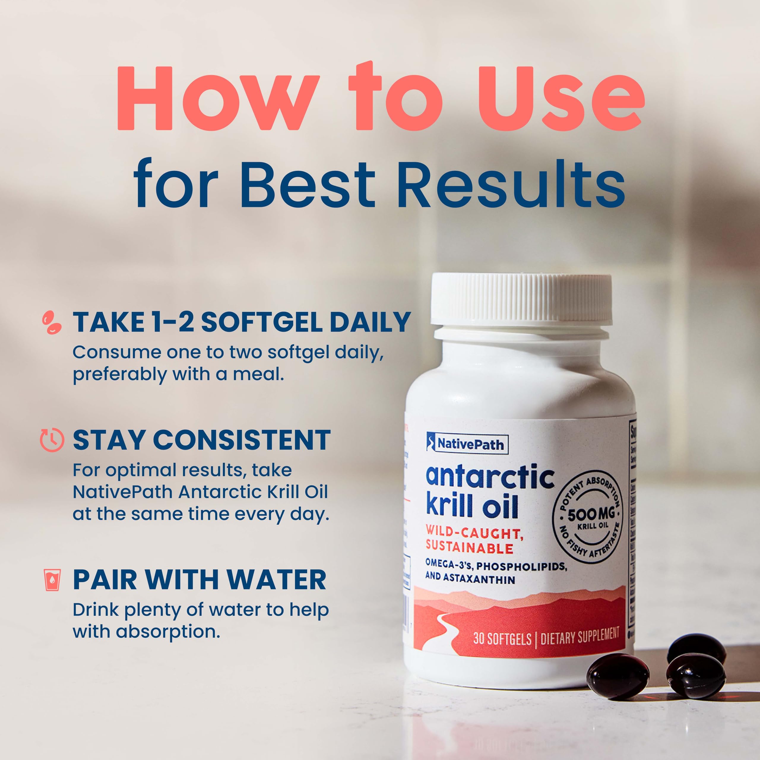 NativePath Krill Oil Softgels on a kitchen counter