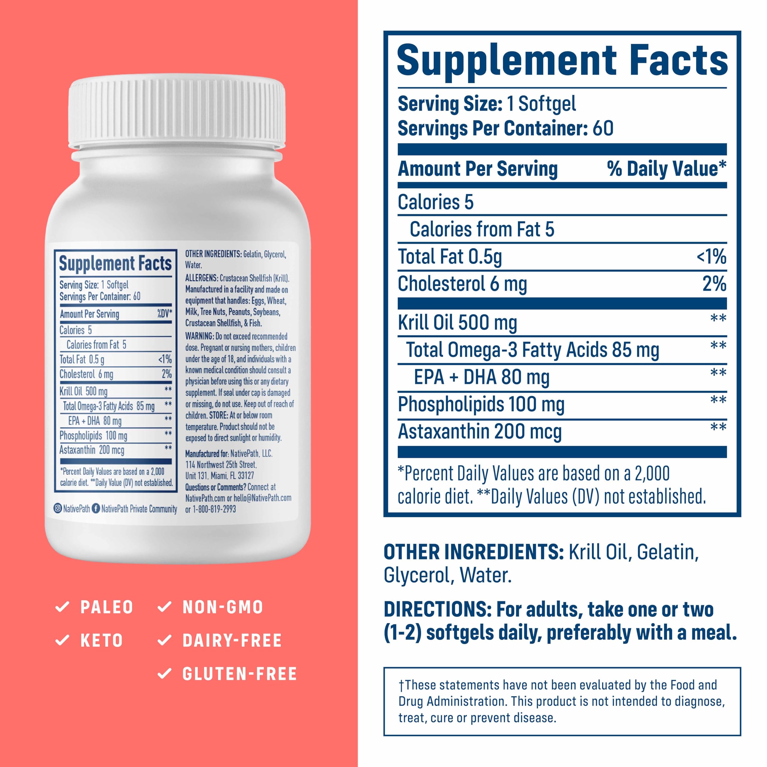 NativePath Krill Oil Supplement softgels in a clear bottle