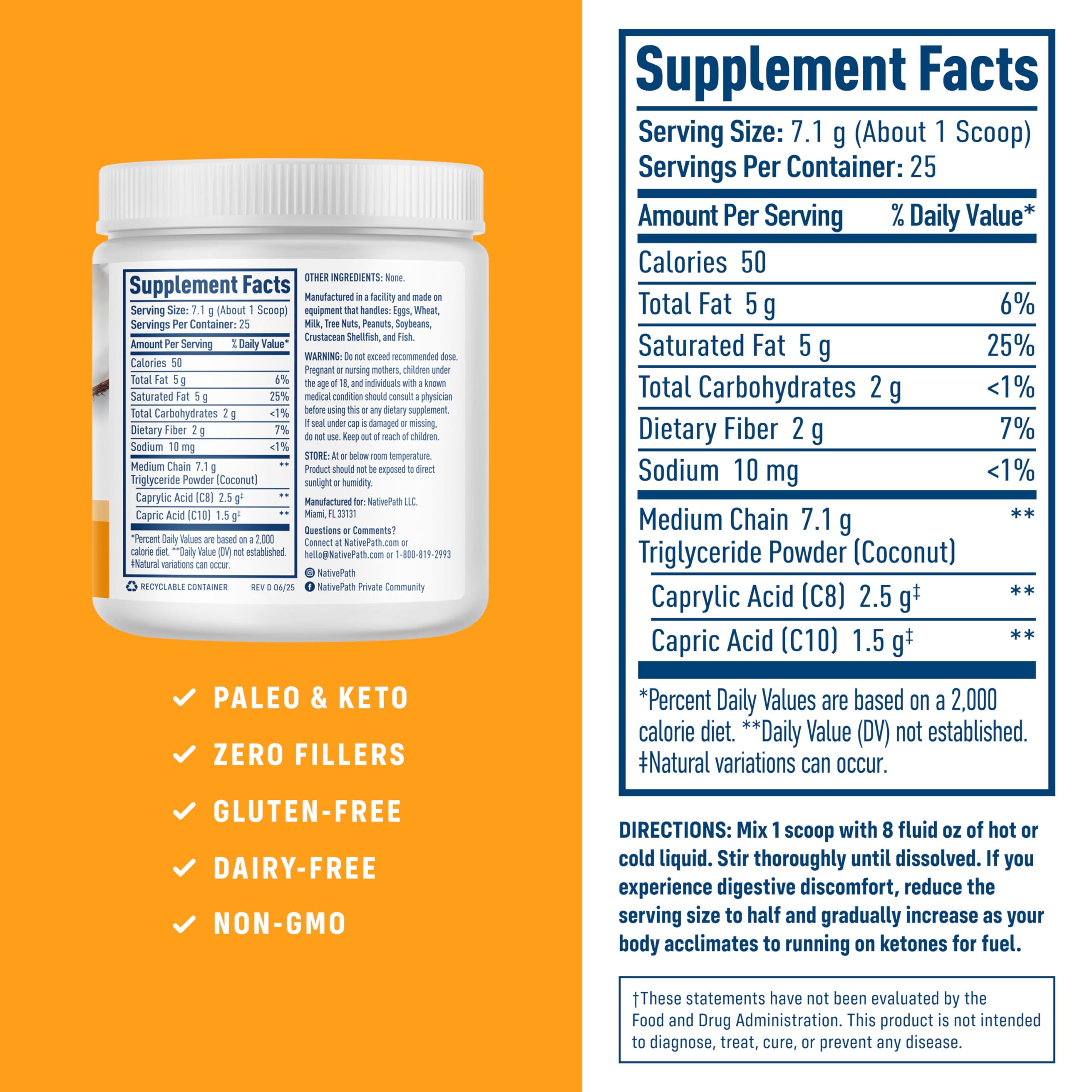 NativePath MCT Oil Powder 177g back view with ingredient list