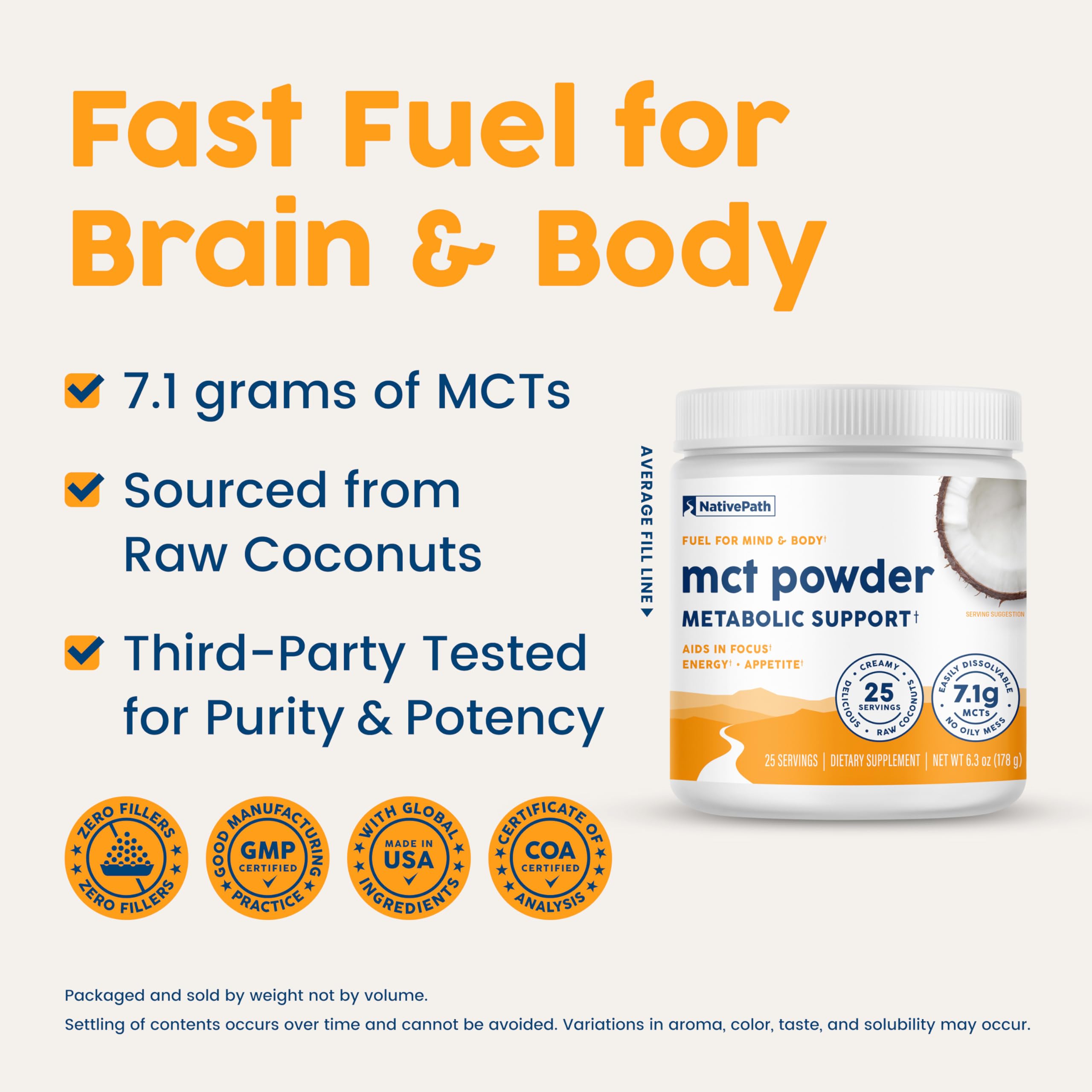 NativePath MCT Oil Powder 177g side view showing serving size