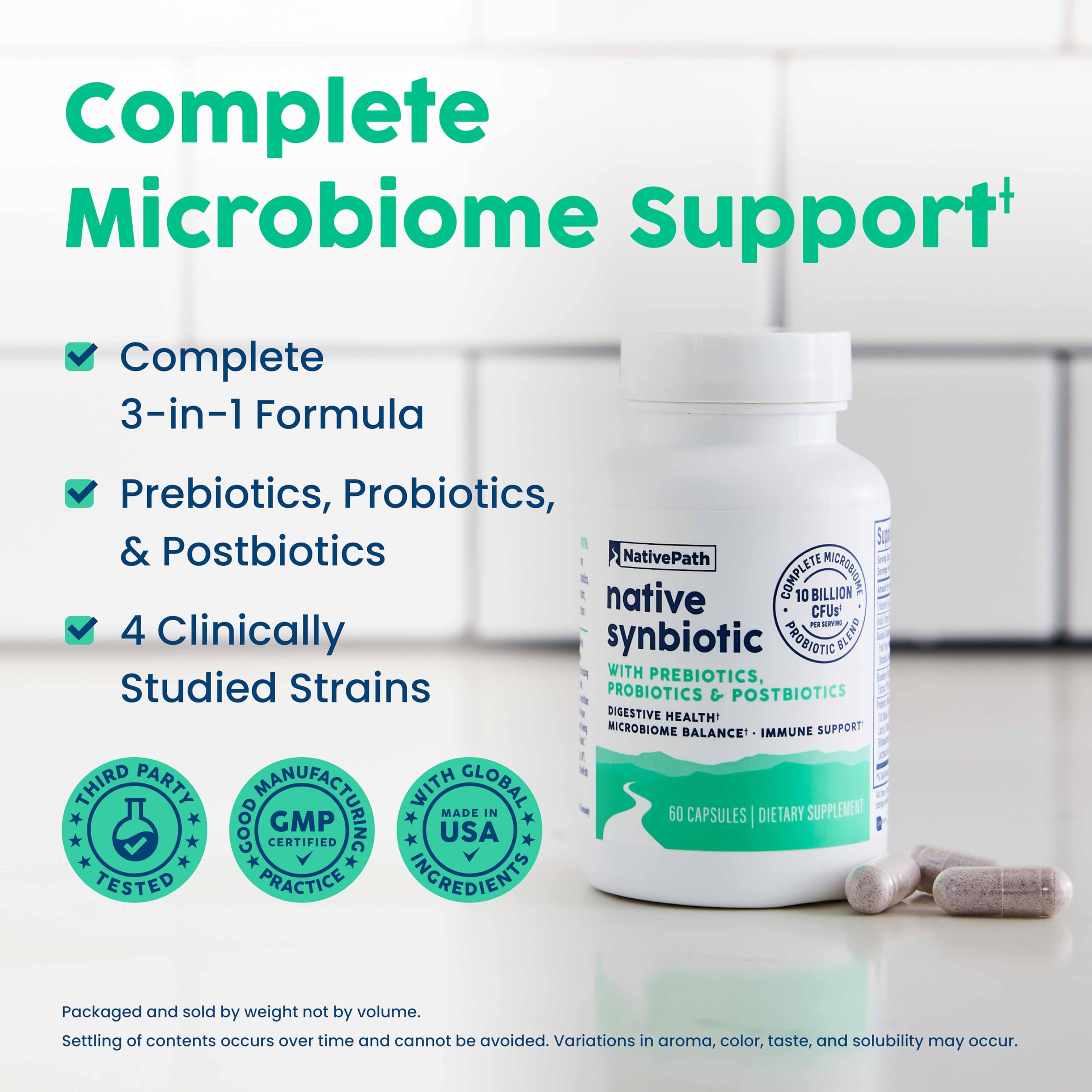 NativePath Prebiotic Supplement capsules on a wooden surface