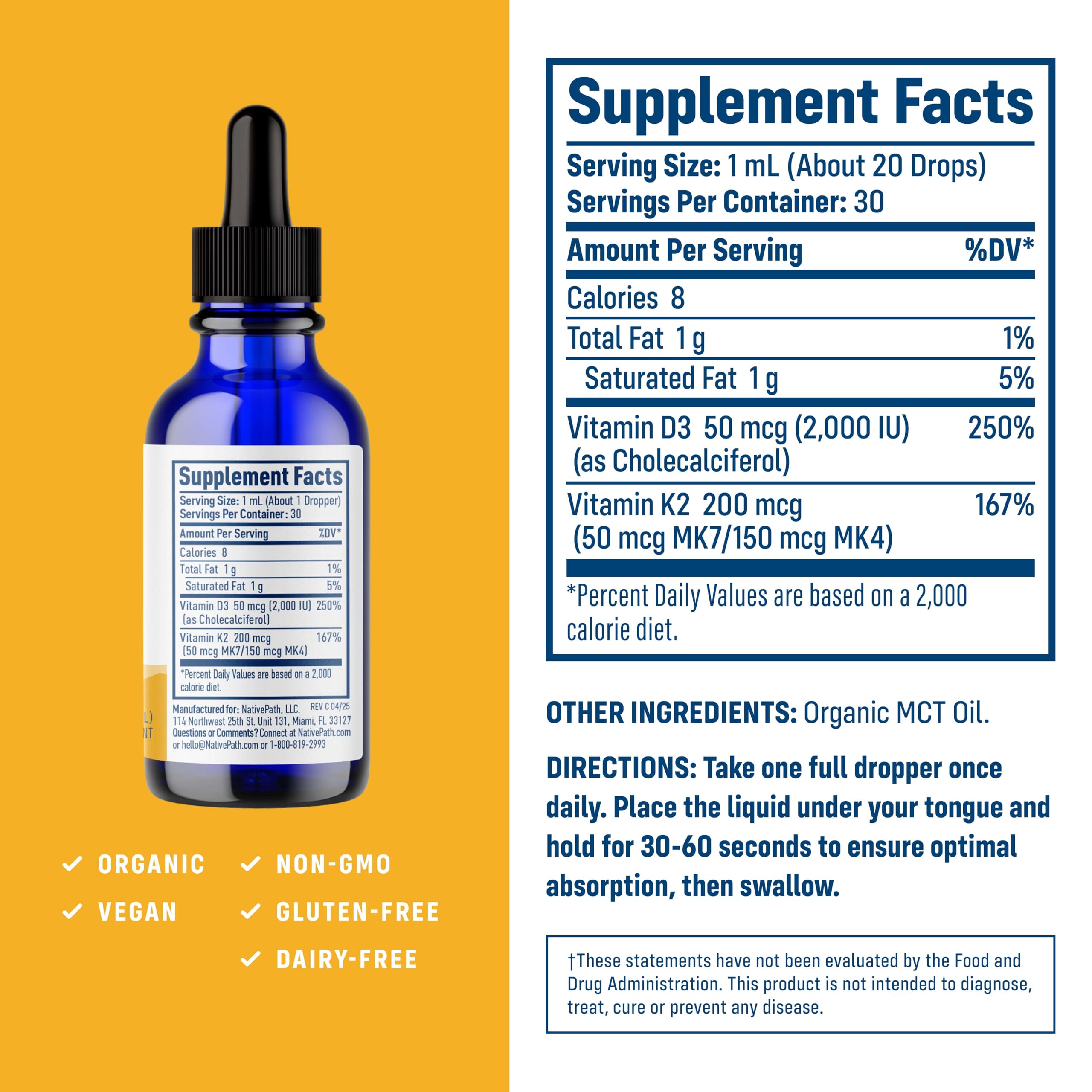 NativePath Vitamin D3 & K2 Liquid Tincture bottle with label