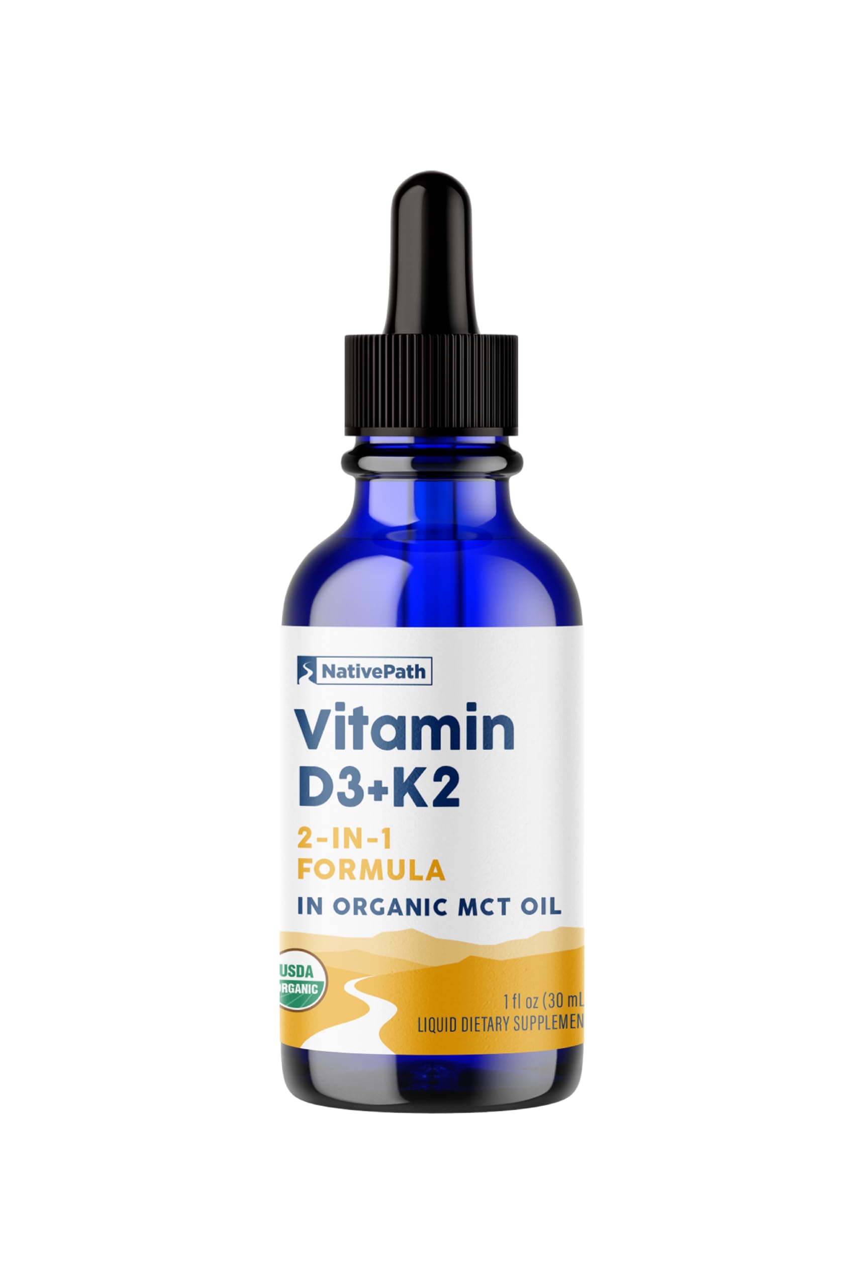 NativePath Vitamin D3 & K2 Liquid Tincture front view with dropper