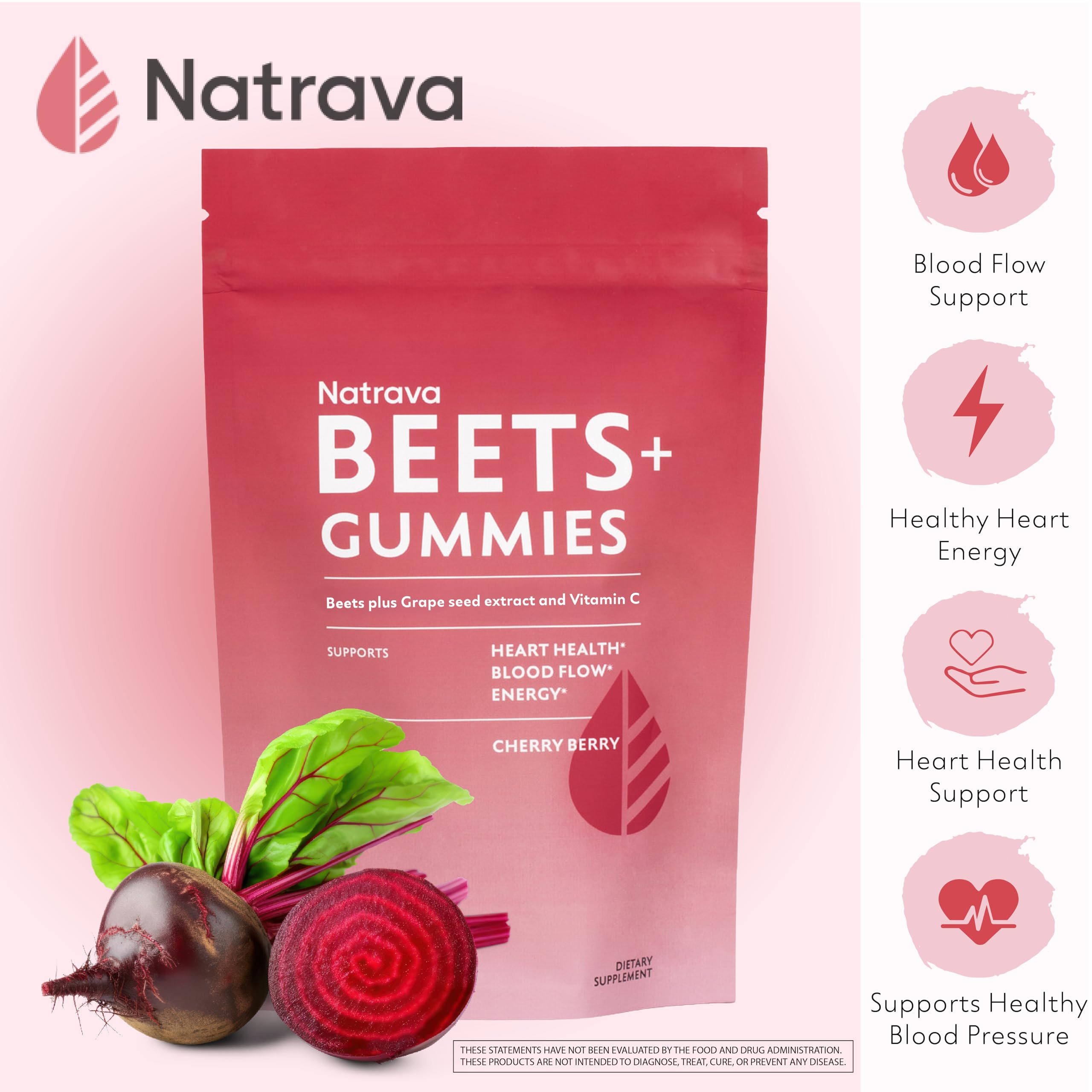 Natrava BEETS+ Gummies side view with nutritional information