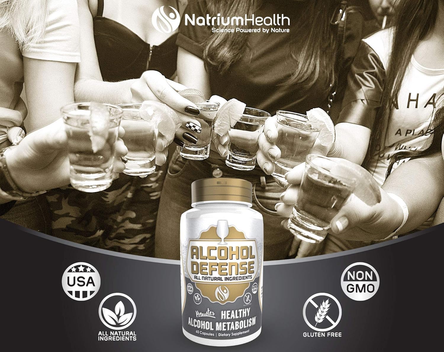 Natrium Health Alcohol Defense Capsules on a wooden table