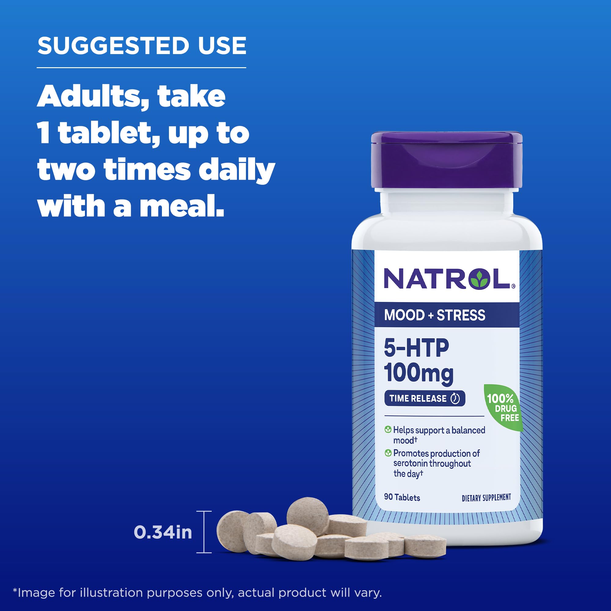 Natrol 5-HTP 100 mg bottle on a kitchen table