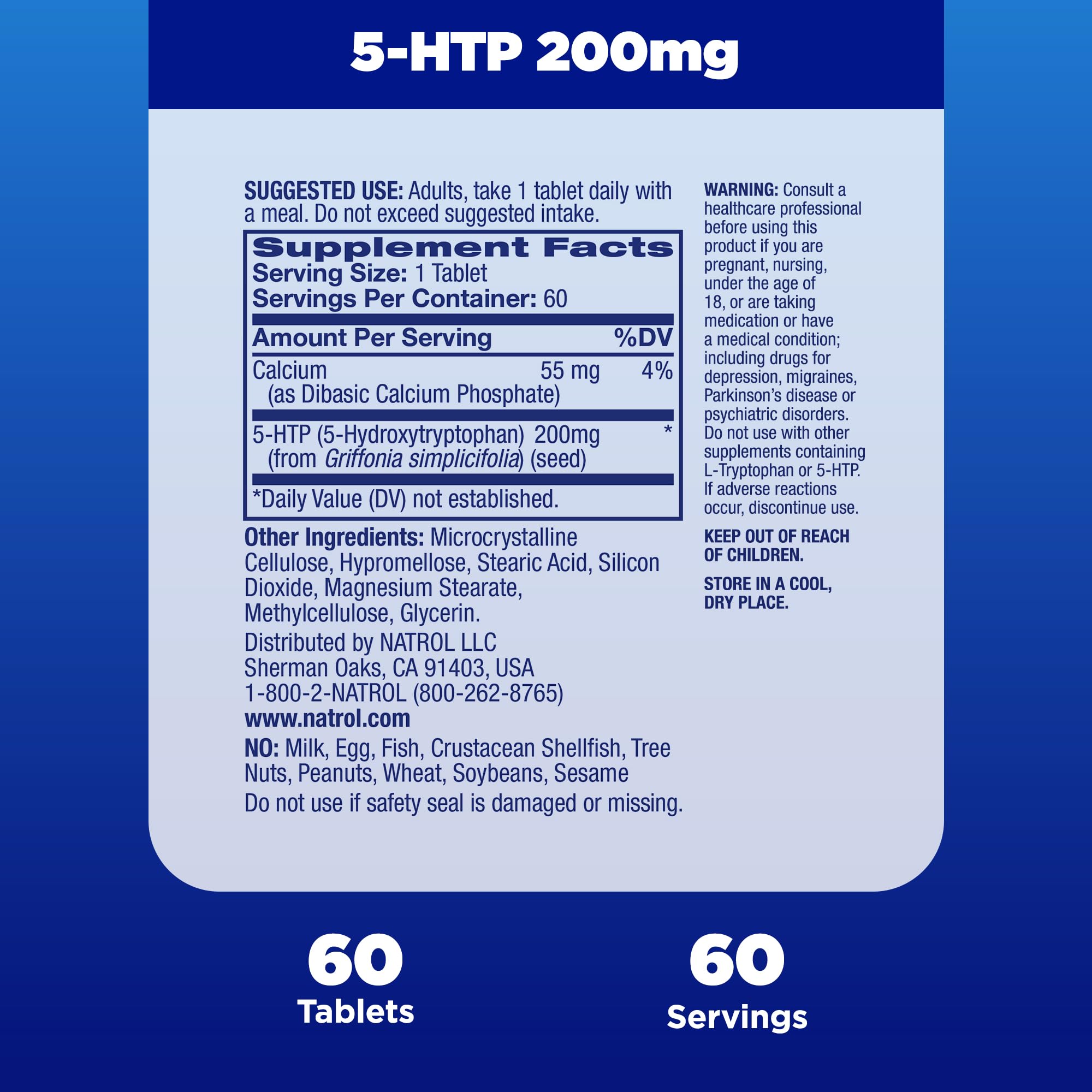 Natrol 5-HTP 200mg tablets on a wooden surface