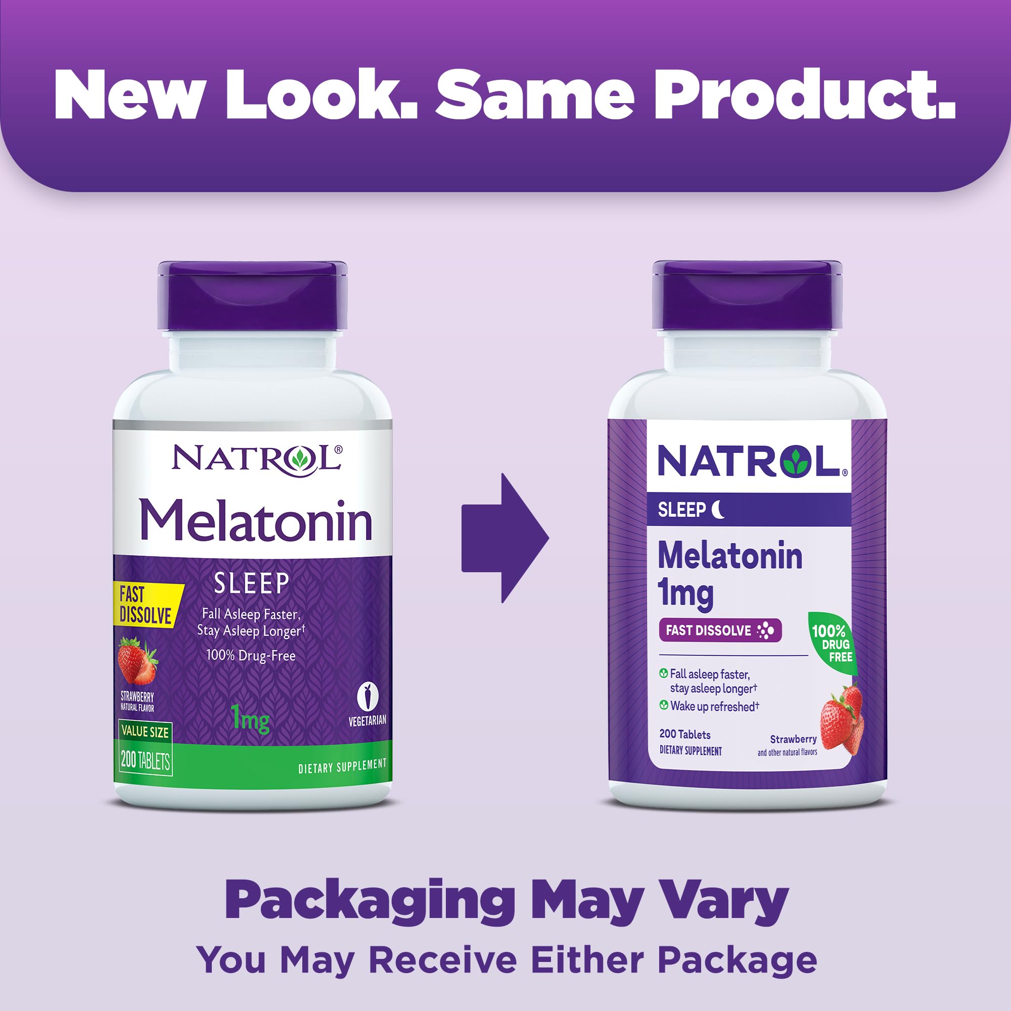 Natrol Fast Dissolve Melatonin 1 mg Tablets showing strawberry flavour