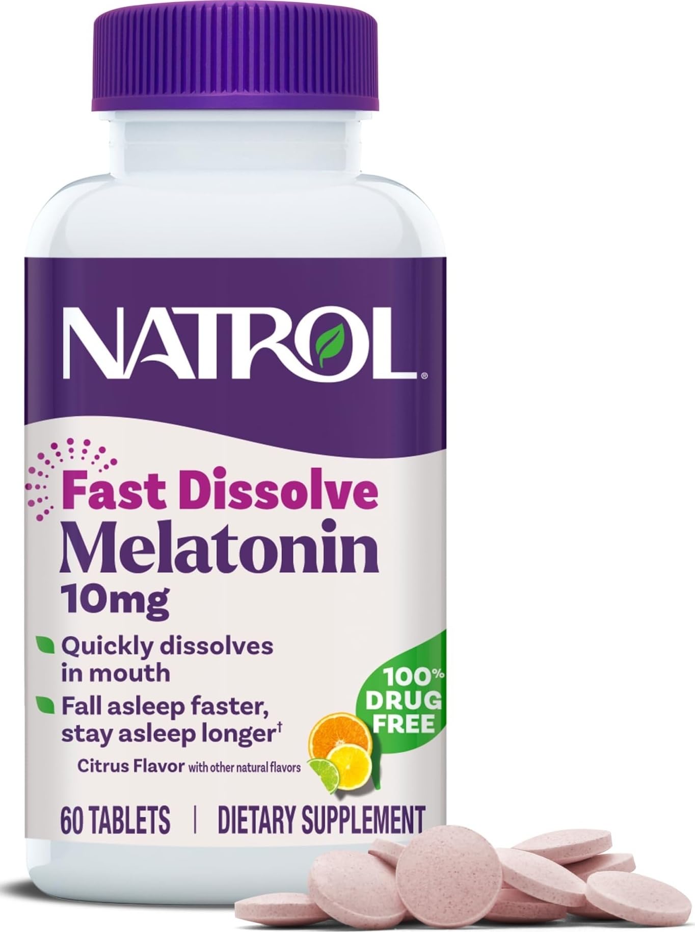 Natrol Melatonin 10 mg Fast Dissolve Tablets Citrus flavour front view
