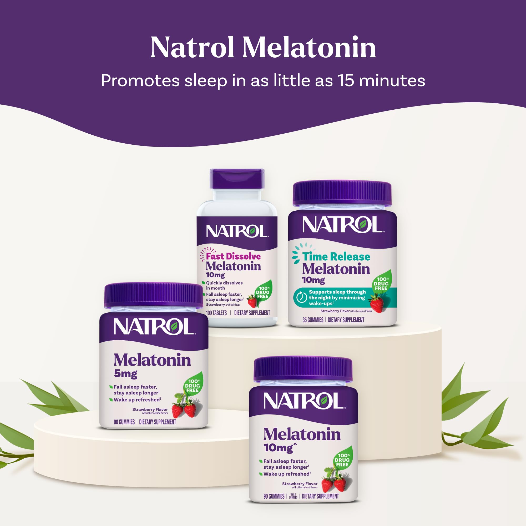 Natrol Melatonin 10mg Time Release Sleep Aid on a nightstand next to a book
