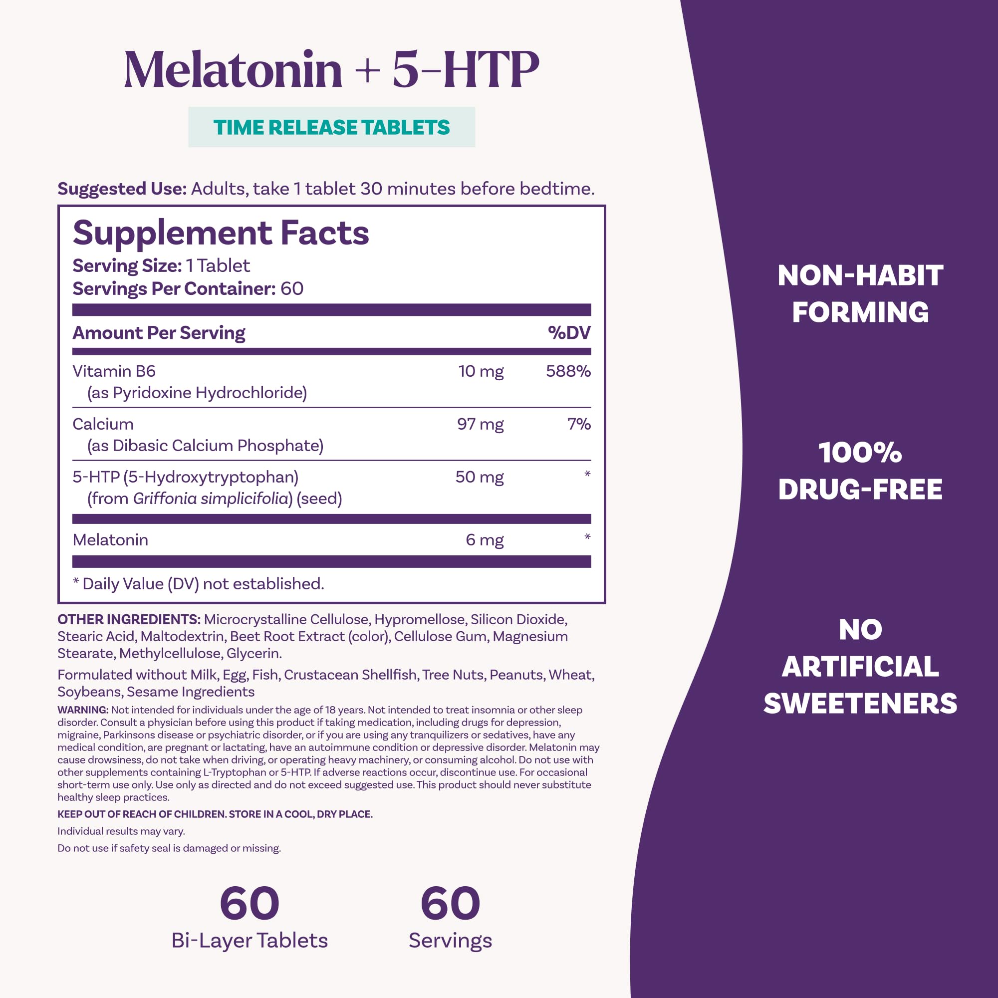Natrol Melatonin + 5-HTP Time Release Sleep Aid 60 tablets ingredients list