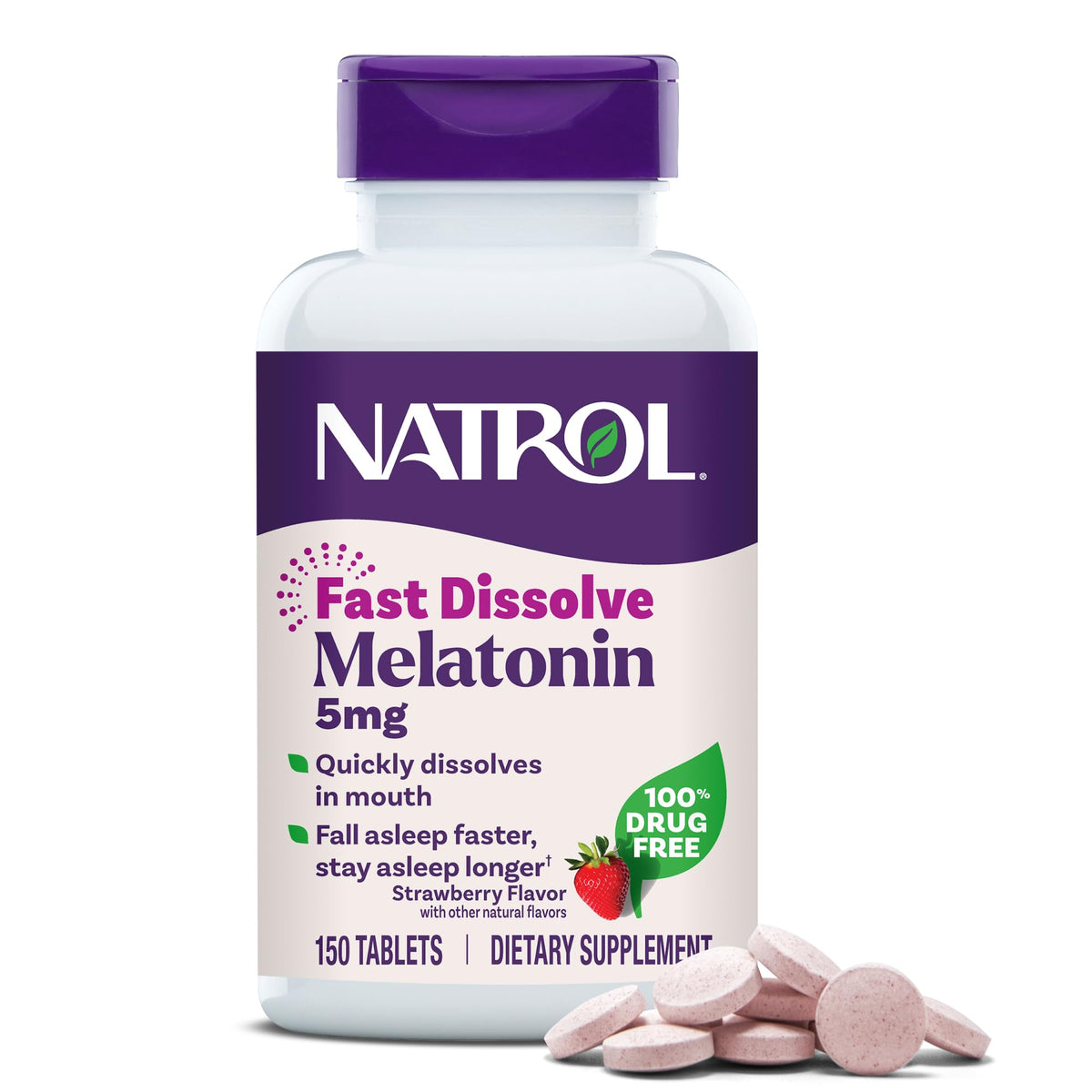 Natrol Melatonin 5 mg Fast Dissolve Tablets in strawberry flavour, front view