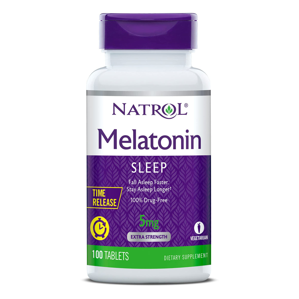 Natrol Time-Release Melatonin 5 mg Tablets front view, 100 count pack