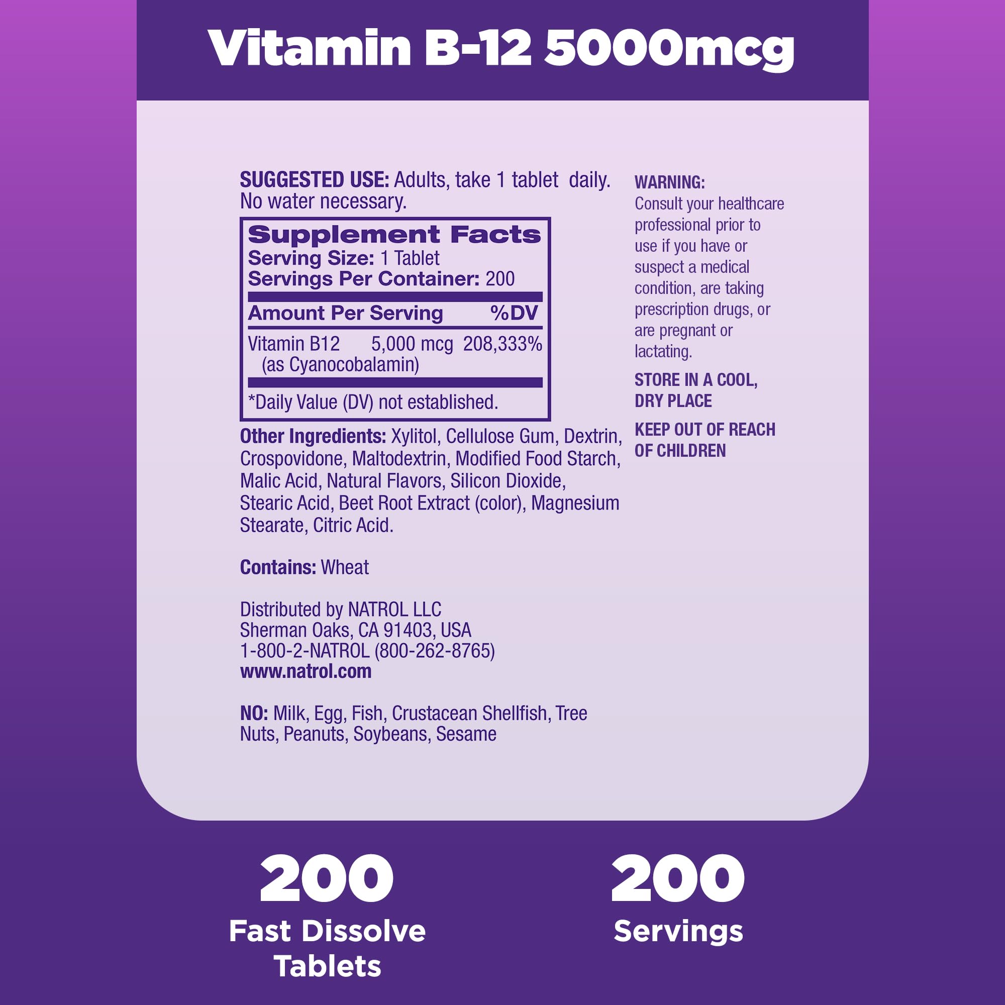 Natrol Vitamin B12 Fast Dissolve 5000mcg Tablets on a table