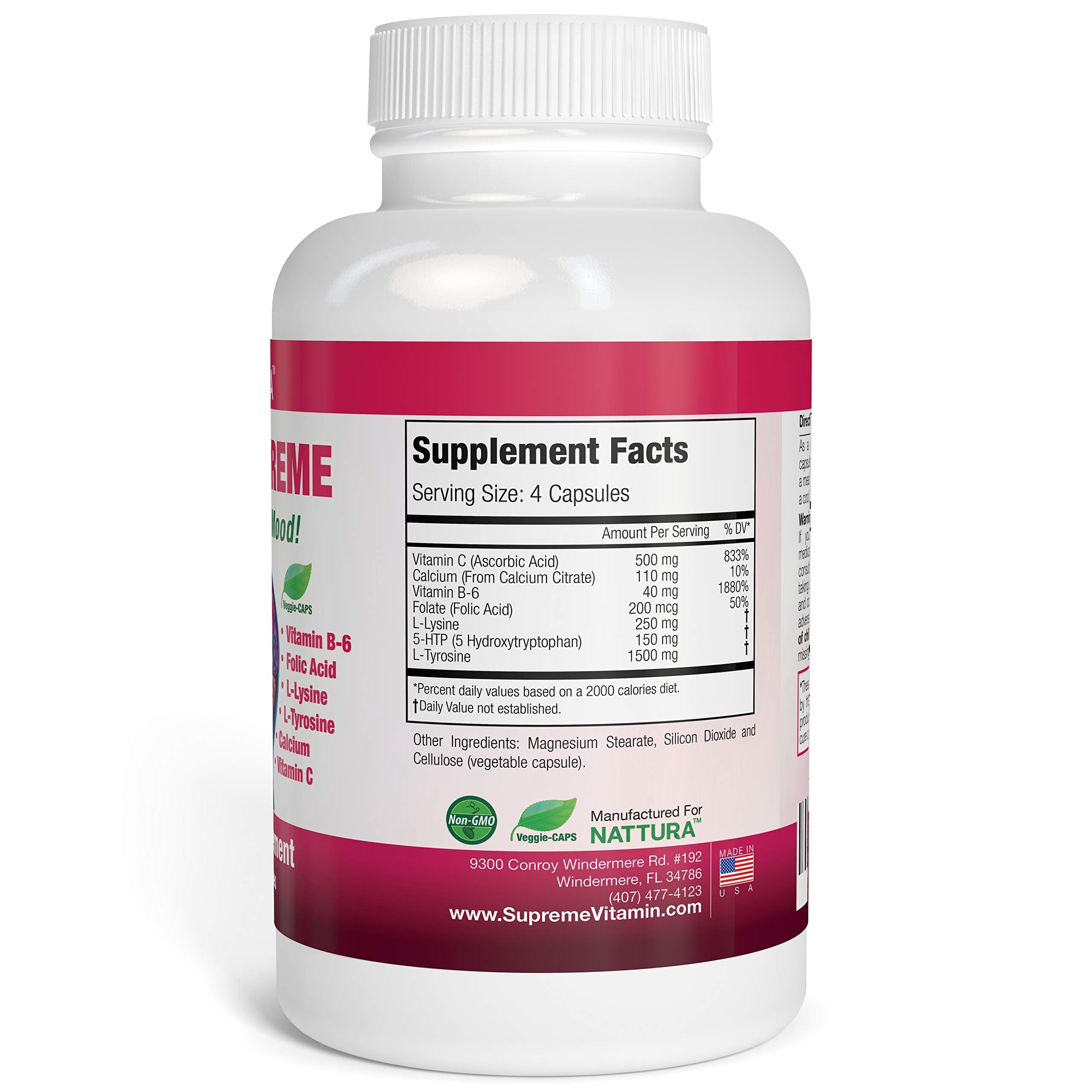 Nattura 5-HTP supplement side view showing capsule details