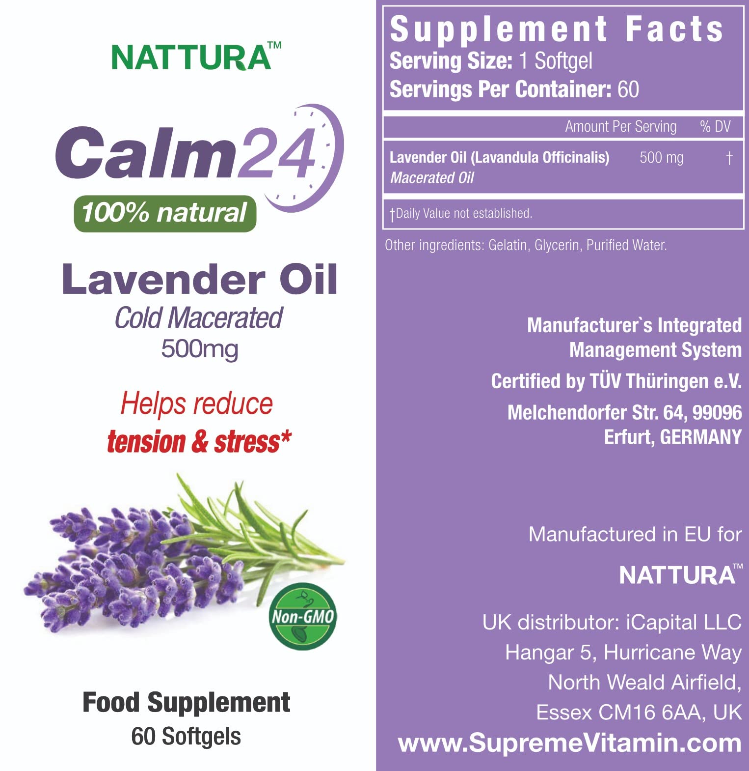 Nattura Calm24 Lavender Oil Softgels back view with ingredient list