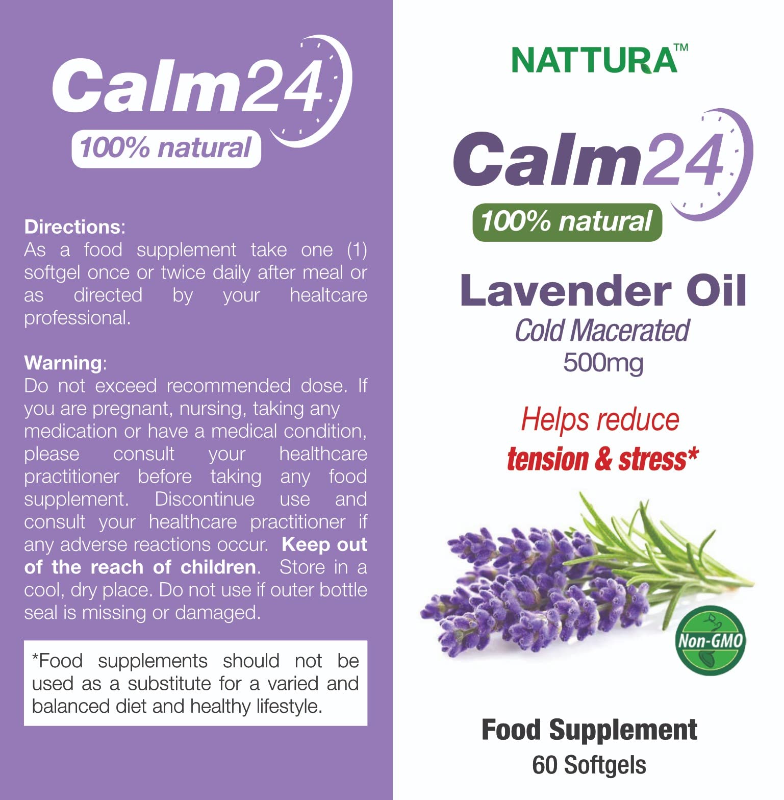 Nattura Calm24 Lavender Oil Softgels side view showing softgels