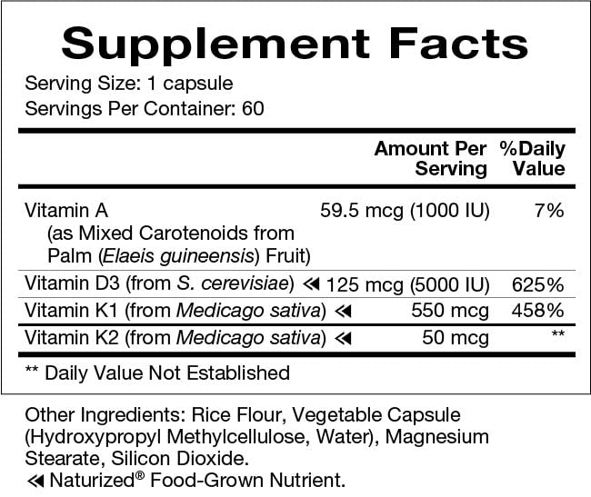 Natura Health Products Complete ADK Synergy Vitamin D3 K2 5000 IU capsules on a wooden surface