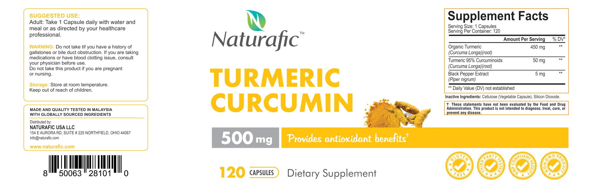 Naturafic Turmeric Curcumin Capsules 500mg with measuring spoon