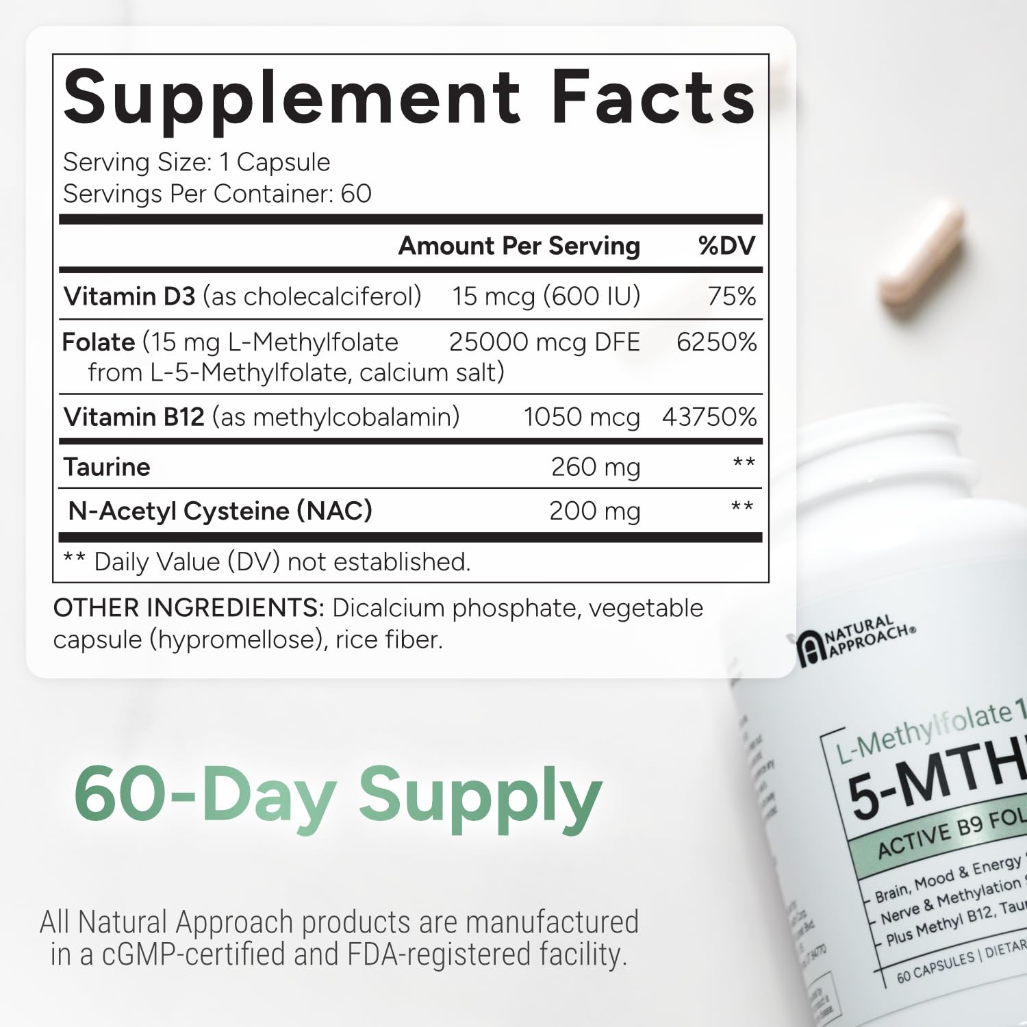 Natural Approach B9 (Folic Acid) capsules on a wooden table