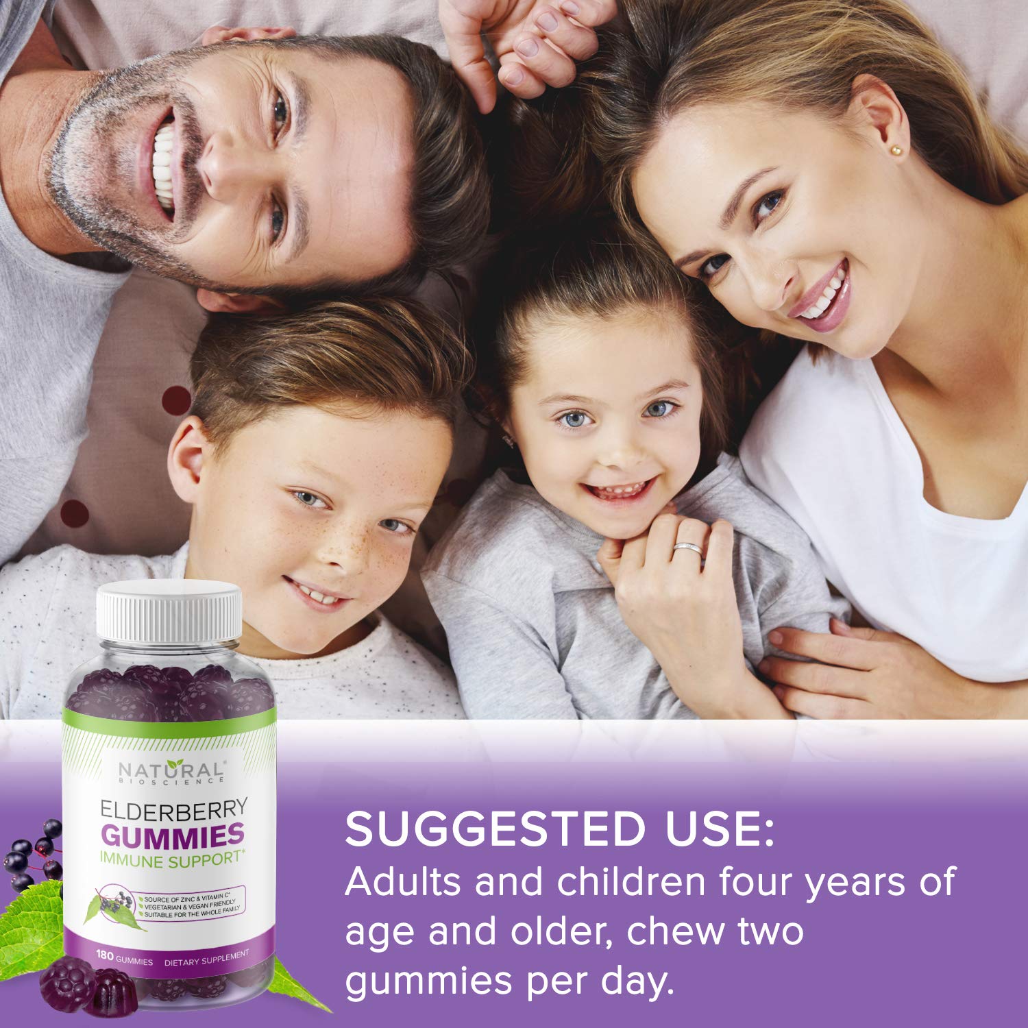 Natural BioScience Elderberry Gummies side view of bottle
