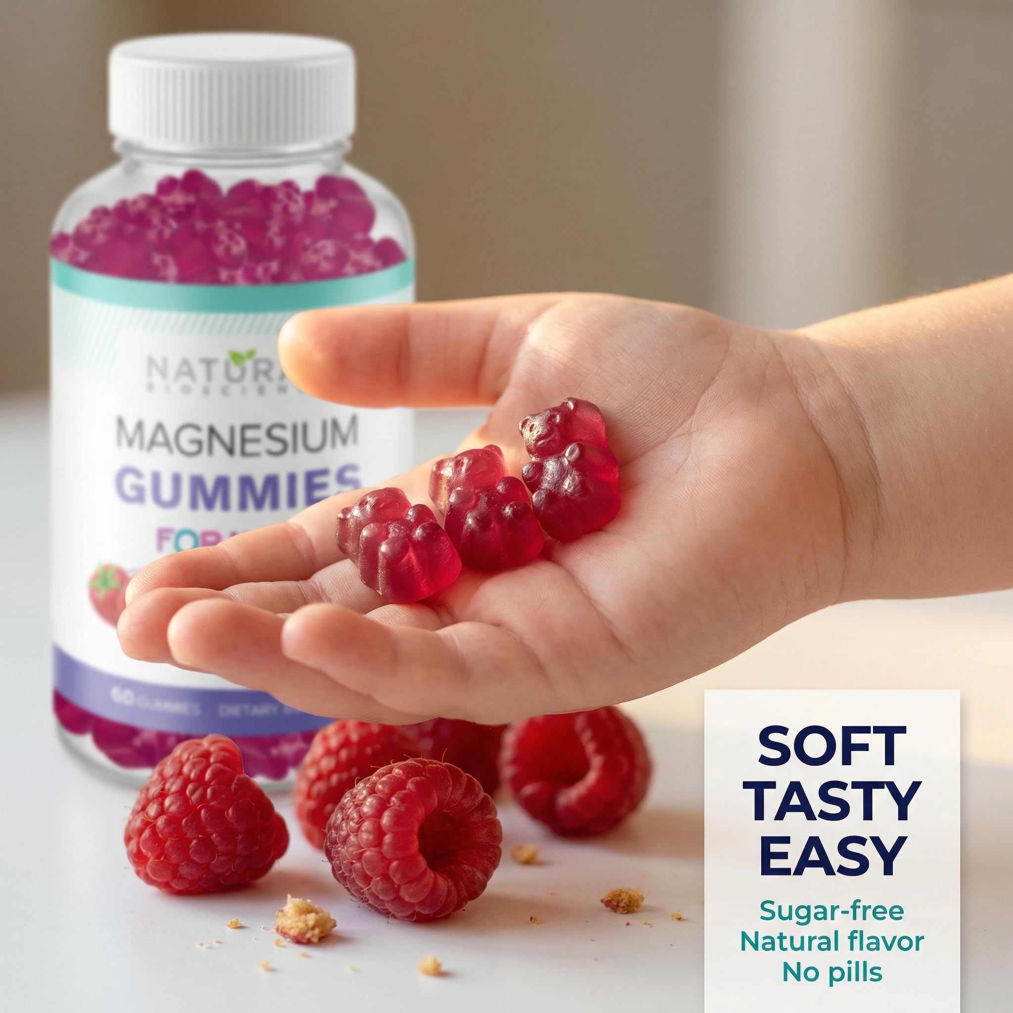Natural BioScience Kids Magnesium Gummies on a kitchen counter