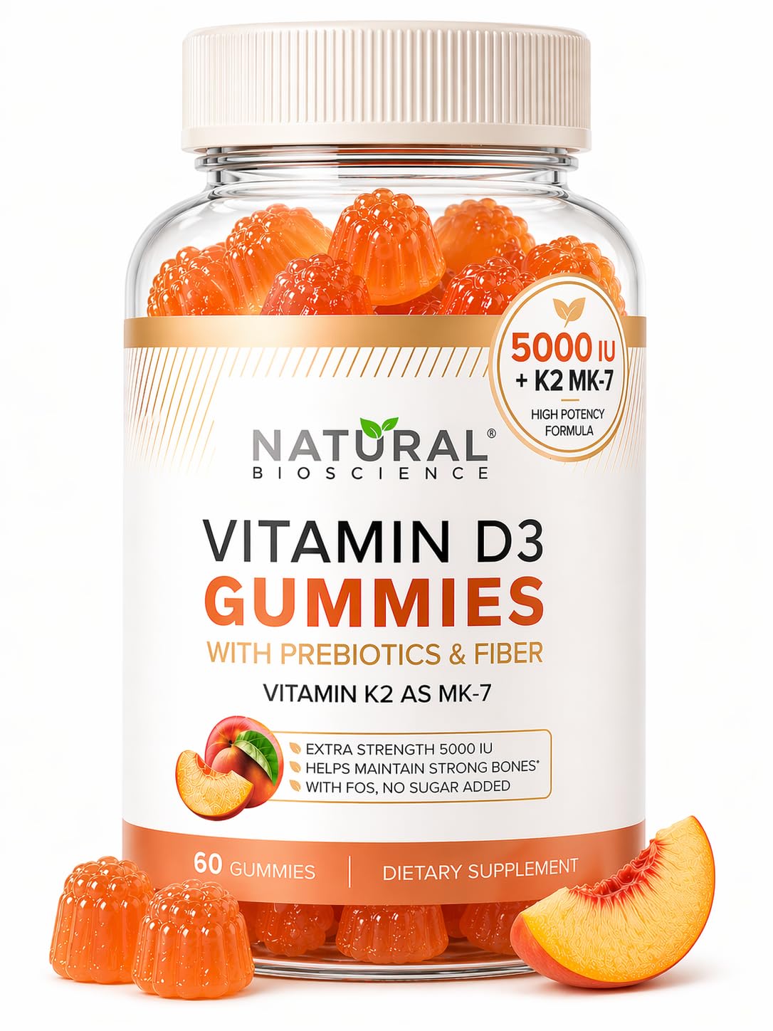 Natural BioScience Vitamin D3 + K2 Gummies front view, peach flavour
